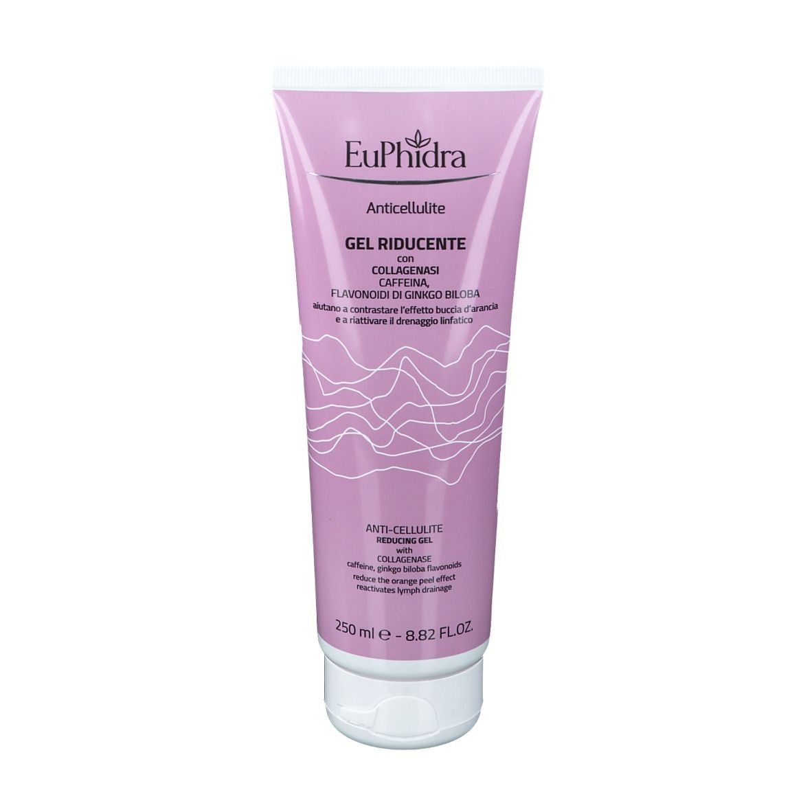 Tubo rosa EuPhidra Gel Riducente. Testo: Collagenasi, Caffeina, Ginkgo Biloba. Tappo bianco.