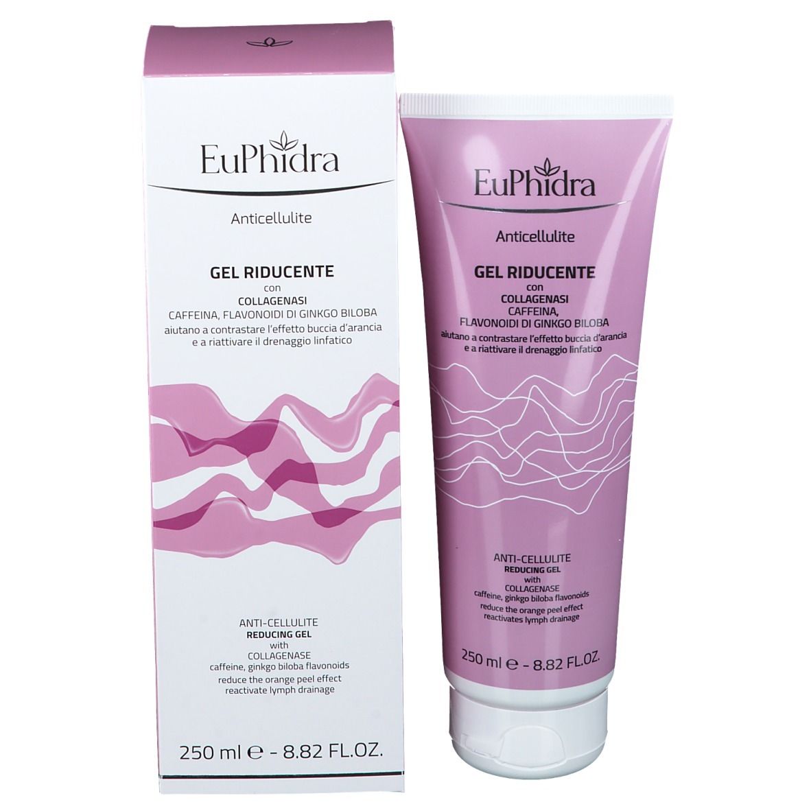 EuPhidra Gel Anti-Cellulite e confezione. Testo: Gel Riducente, Collagenasi, Caffeina, Ginkgo Biloba. 250 ml.