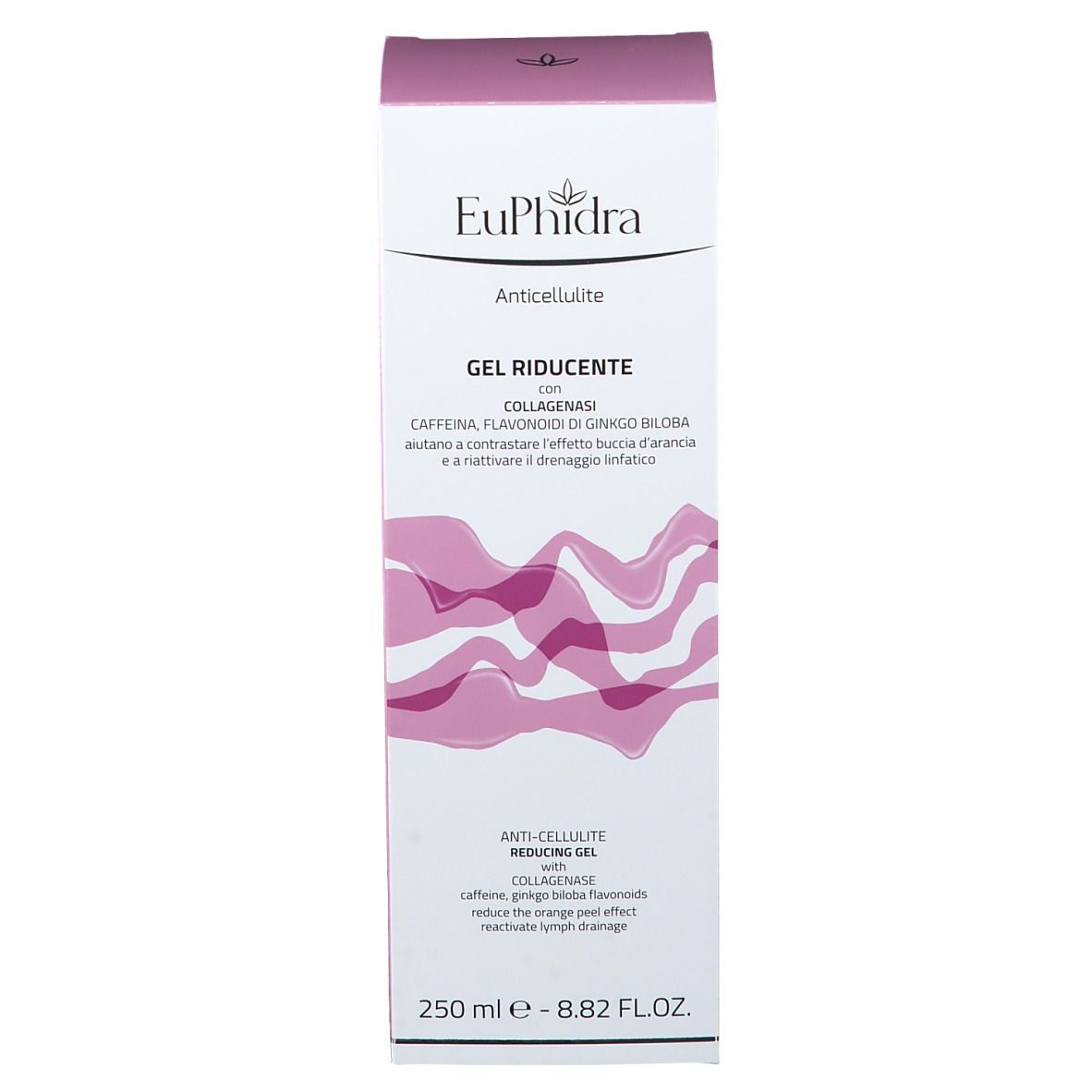 Confezione EuPhidra Gel Anti-Cellulite. Testo: Gel Riducente, Collagenasi, Caffeina, Ginkgo Biloba. 250 ml.