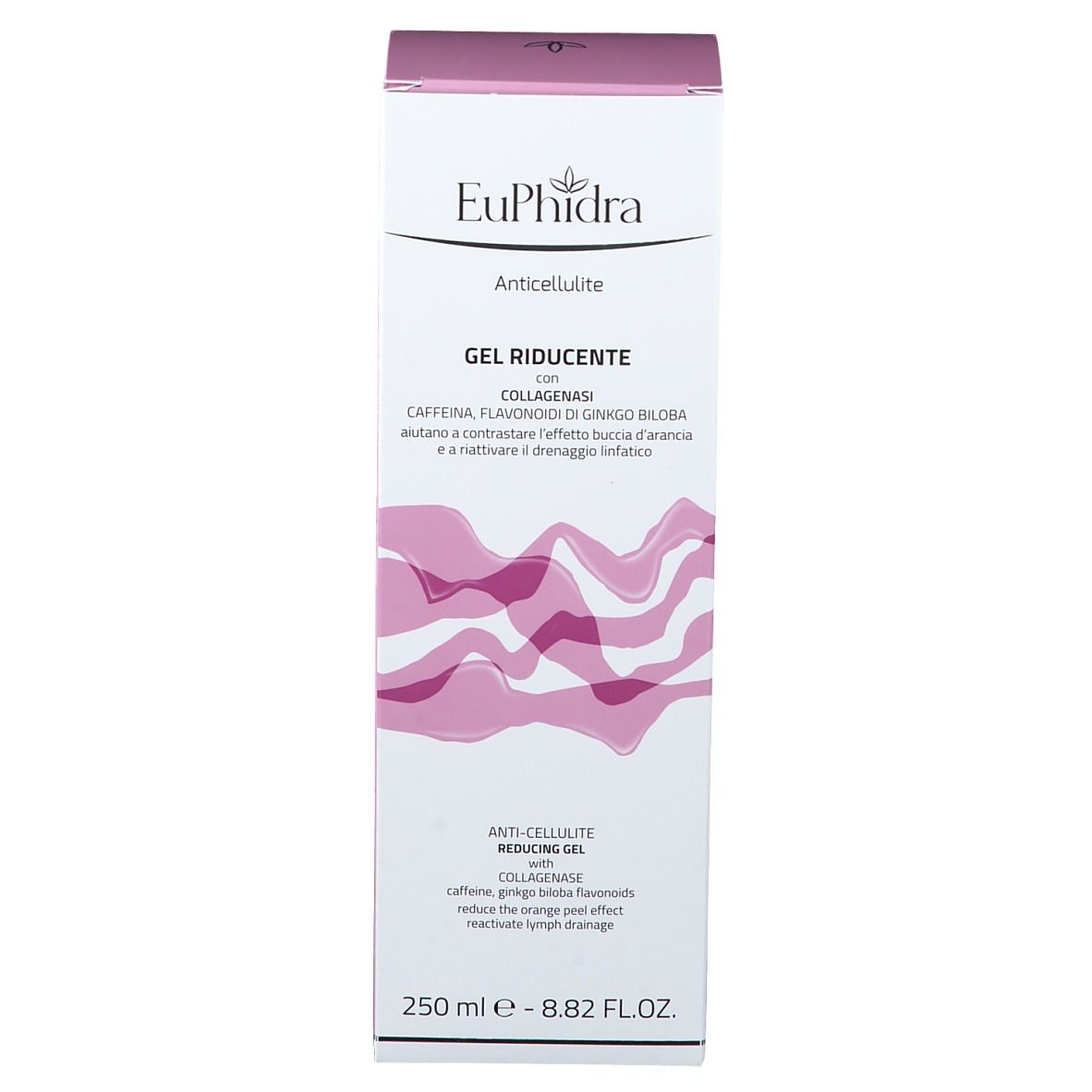 Confezione EuPhidra Gel Anti-Cellulite. Testo: Gel Riducente, Collagenasi, Caffeina, Ginkgo Biloba. 250 ml.