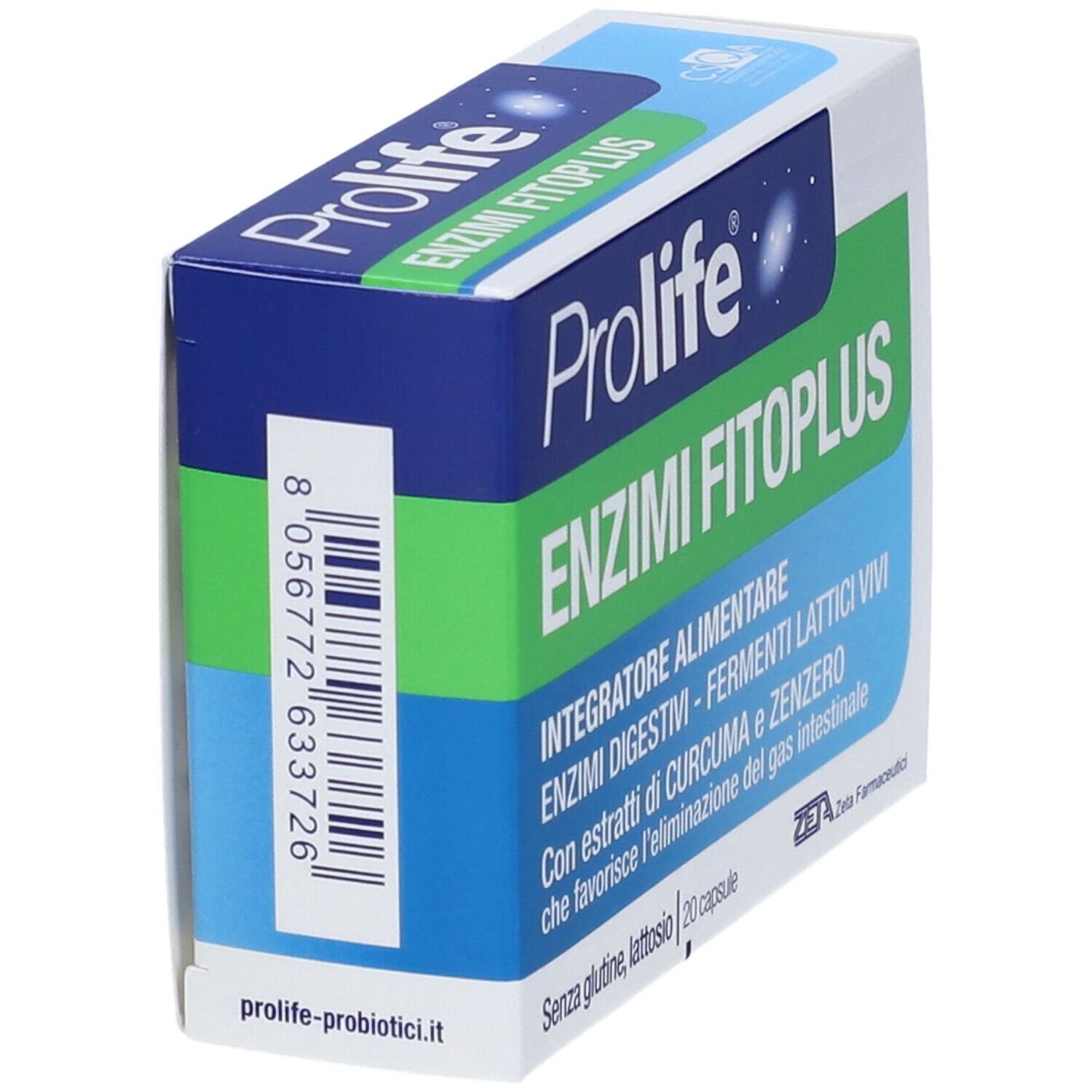 Vista obliqua della confezione del prodotto. Prolife Enzimi Fitoplus, 20 capsule. Senza glutine, senza lattosio. Codice a barre e logo Zeta Farmaceutici.