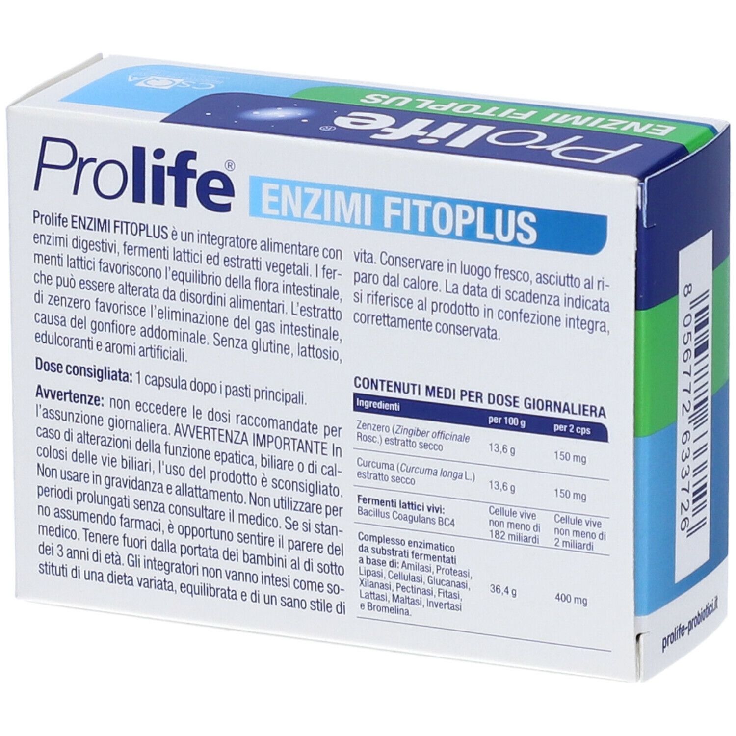 Confezione del prodotto con testo e informazioni sul contenuto. Prolife Enzimi Fitoplus. Contiene 20 capsule. Senza glutine, senza lattosio. Logo Zeta Farmaceutici.