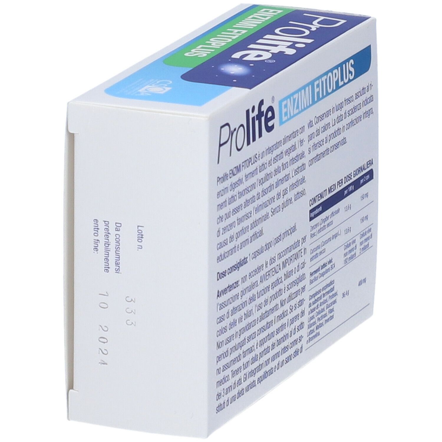 Confezione del prodotto, vista obliqua posteriore. Prolife Enzimi Fitoplus. Contiene 20 capsule. Data di scadenza. Logo Zeta Farmaceutici.