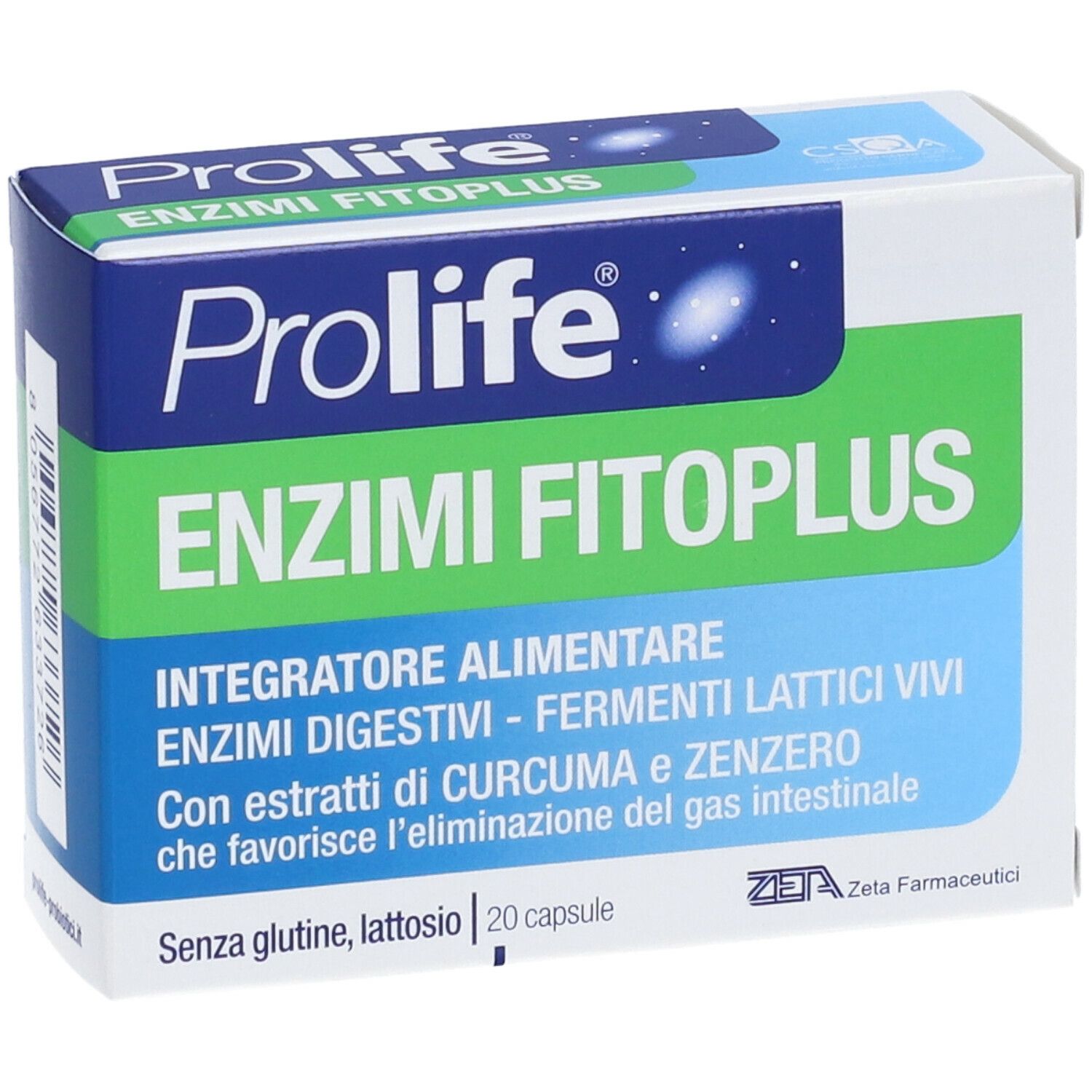 Confezione del prodotto con Prolife Enzimi Fitoplus. Contiene 20 capsule. Senza glutine, senza lattosio. Logo Zeta Farmaceutici.
