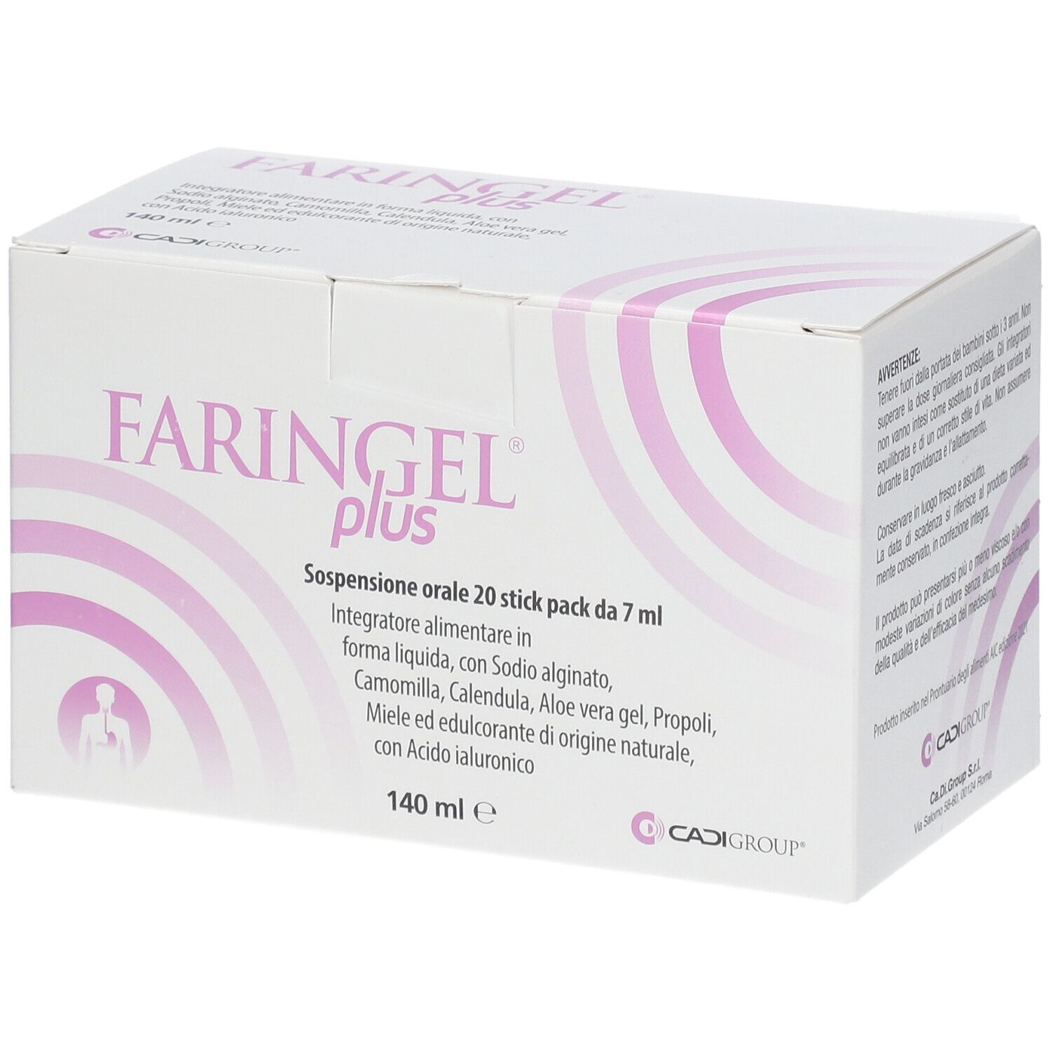 Scatola bianca con scritta rosa FARINGEL plus. Contiene 20 stick. Scritto: Sospensione orale 20 stick pack da 7 ml.