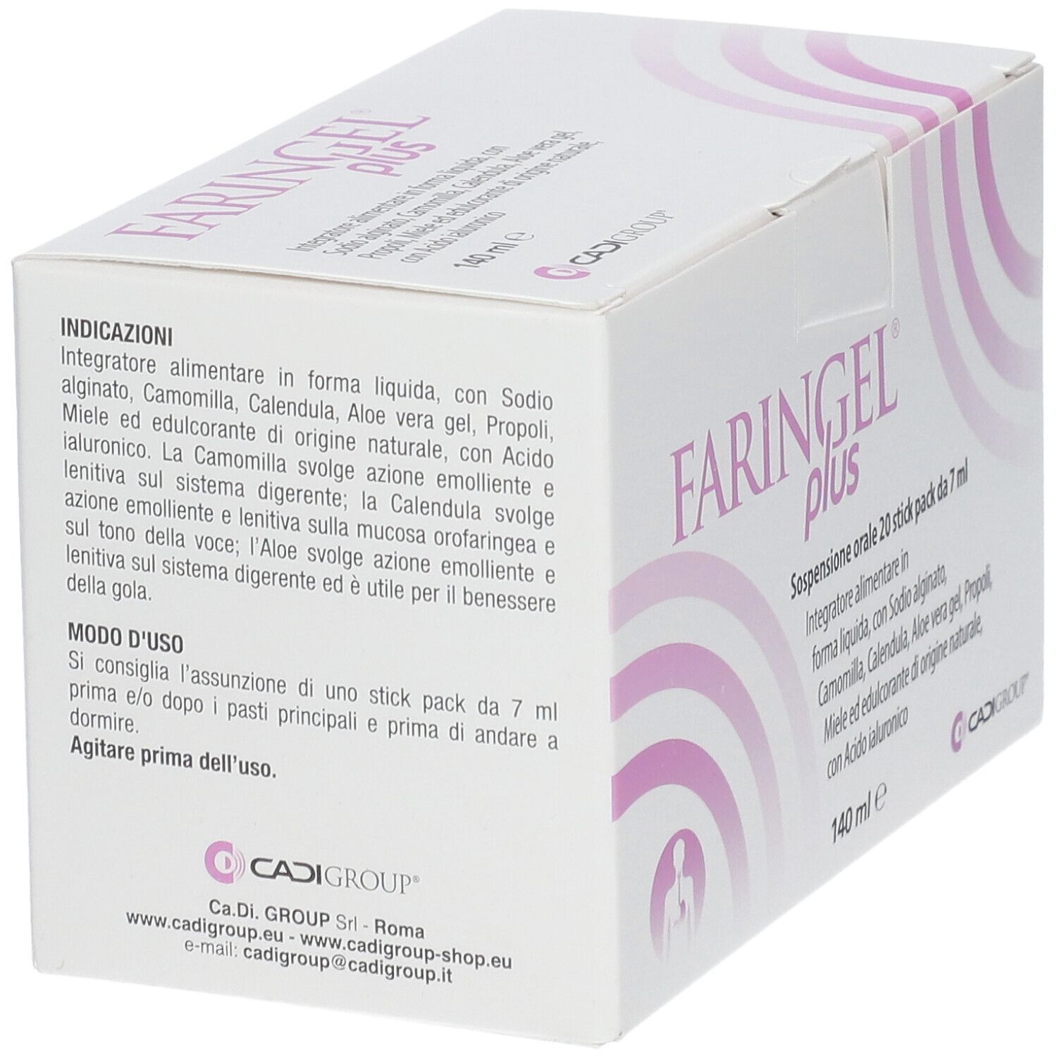 Scatola bianca con scritta rosa FARINGEL plus. Testo: Sospensione orale 20 stick pack da 7 ml. Contiene ingredienti e istruzioni per l'uso.