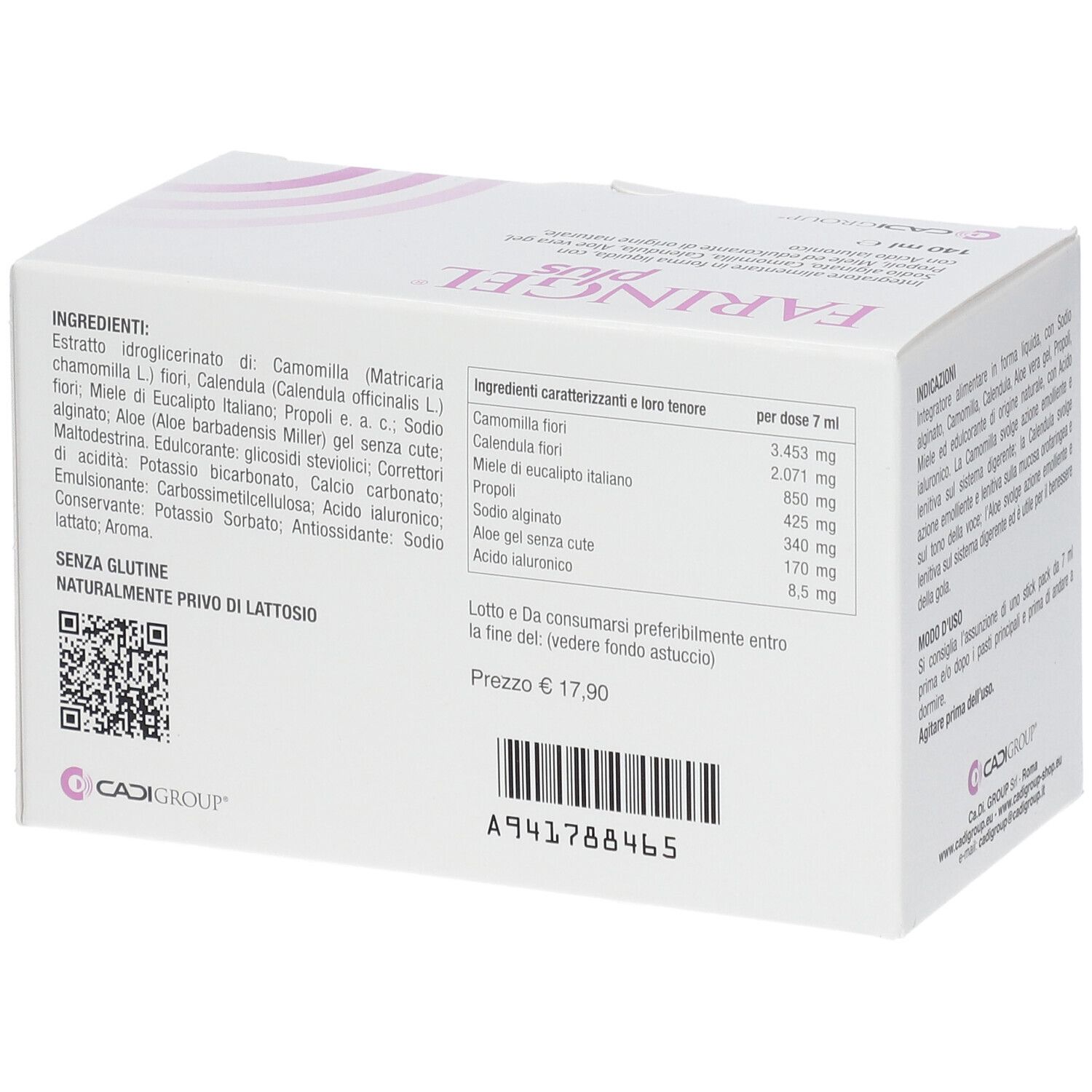 Scatola bianca con scritta rosa FARINGEL plus. Retro con ingredienti, informazioni nutrizionali e prezzo.