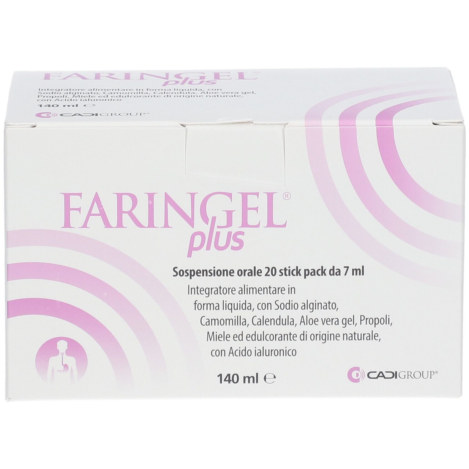 Scatola bianca con scritta rosa FARINGEL plus. Scritto: Sospensione orale 20 stick pack da 7 ml. 140 ml.