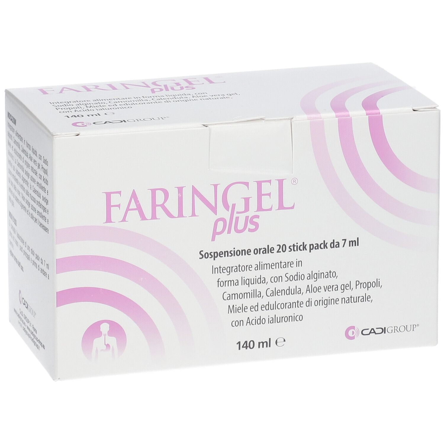 Scatola bianca con scritta rosa FARINGEL plus. Scritto: Sospensione orale 20 stick pack da 7 ml. 140 ml.