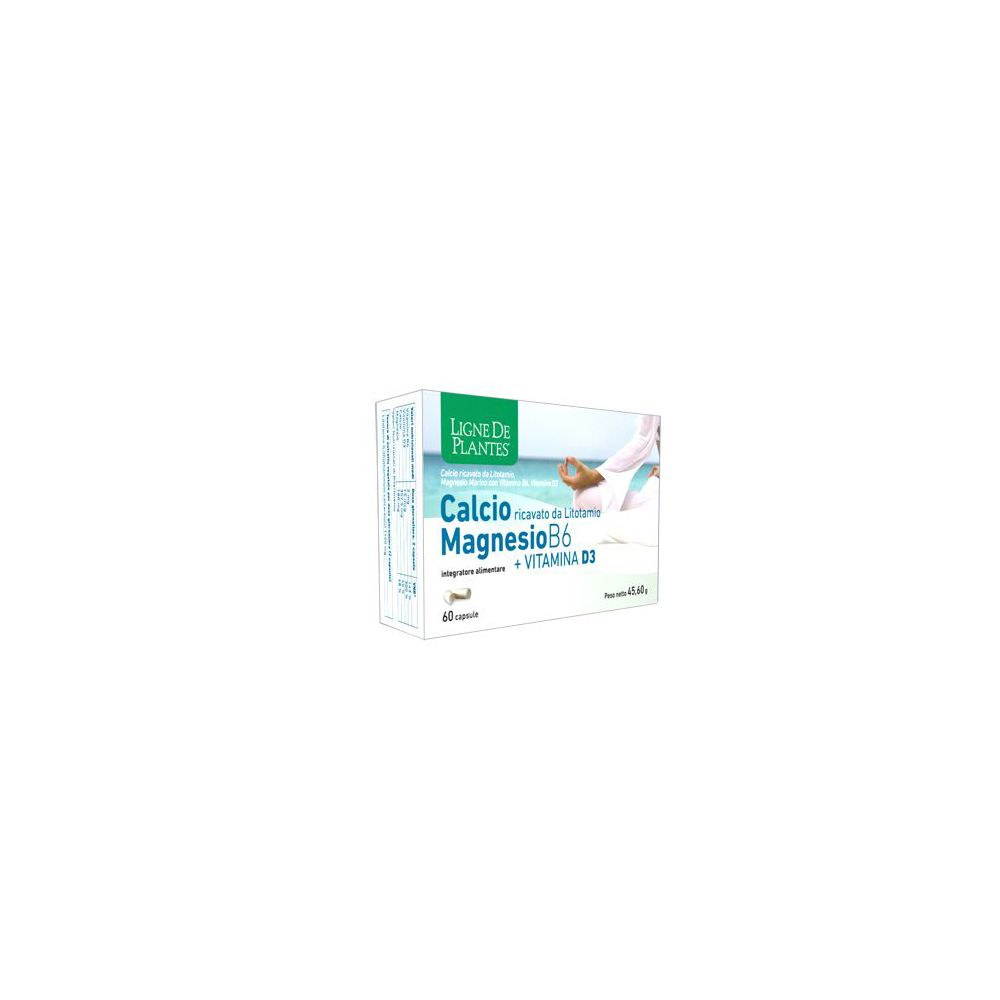 Scatola del prodotto. Scritta: Calcio Magnesio B6 + Vitamina D3. 60 capsule.
