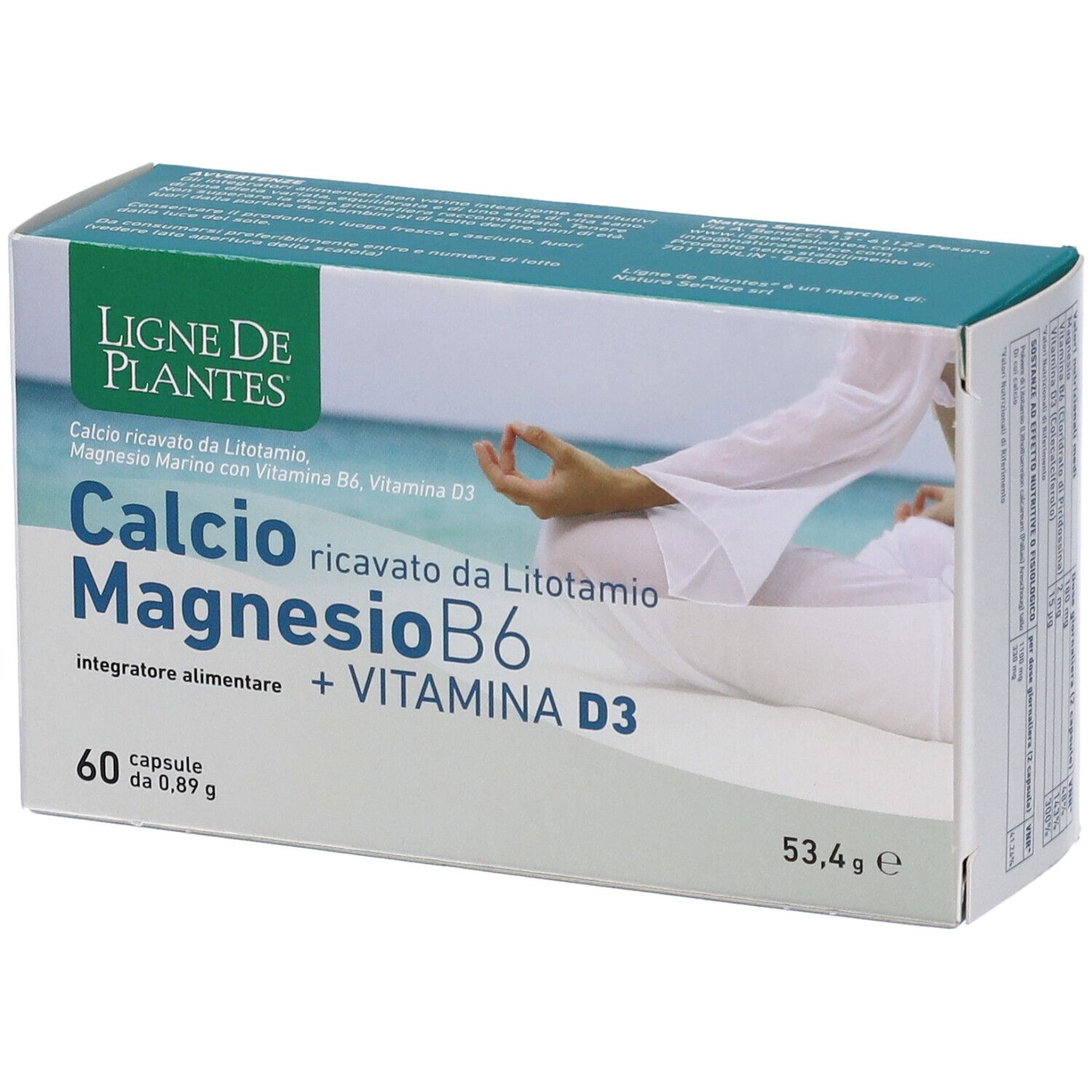 Confezione del prodotto con scritta: Calcio Magnesio B6 + Vitamina D3. 60 capsule. Marchio: Ligne de Plantes.