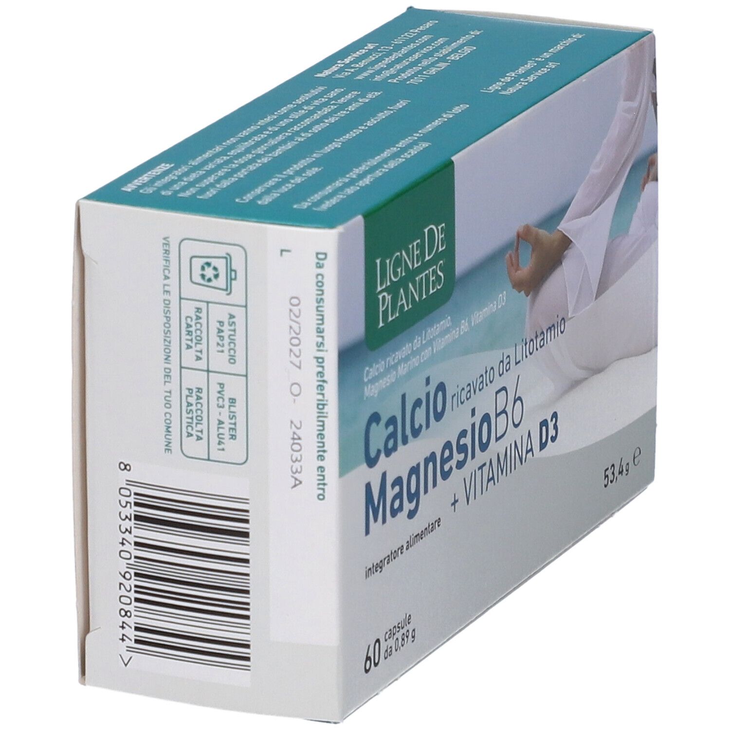 Confezione del prodotto. Scritta: Calcio Magnesio B6 + Vitamina D3. 60 capsule. Marchio: Ligne de Plantes. Testo sul retro.