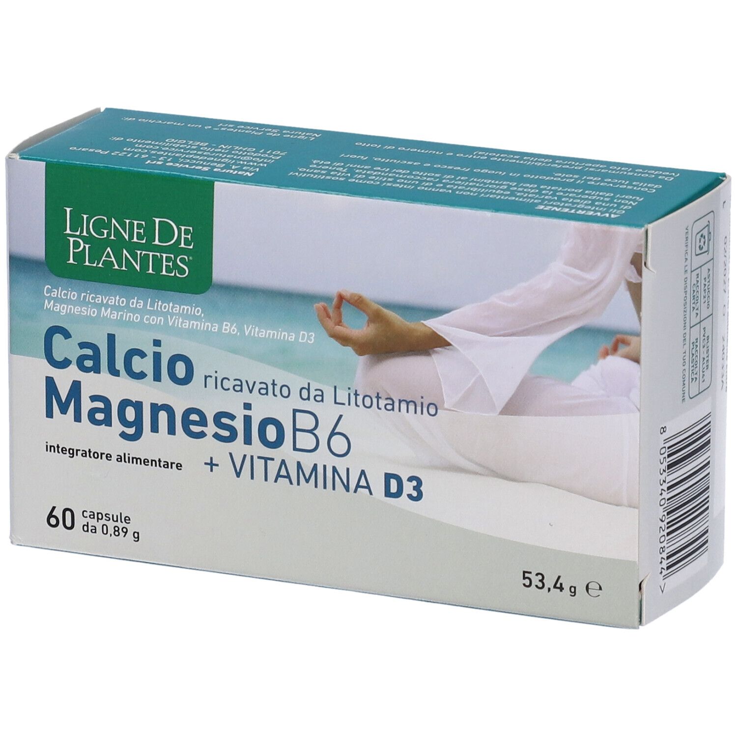 Confezione del prodotto. Scritta: Calcio Magnesio B6 + Vitamina D3. 60 capsule. Marchio: Ligne de Plantes. Testo sul retro.