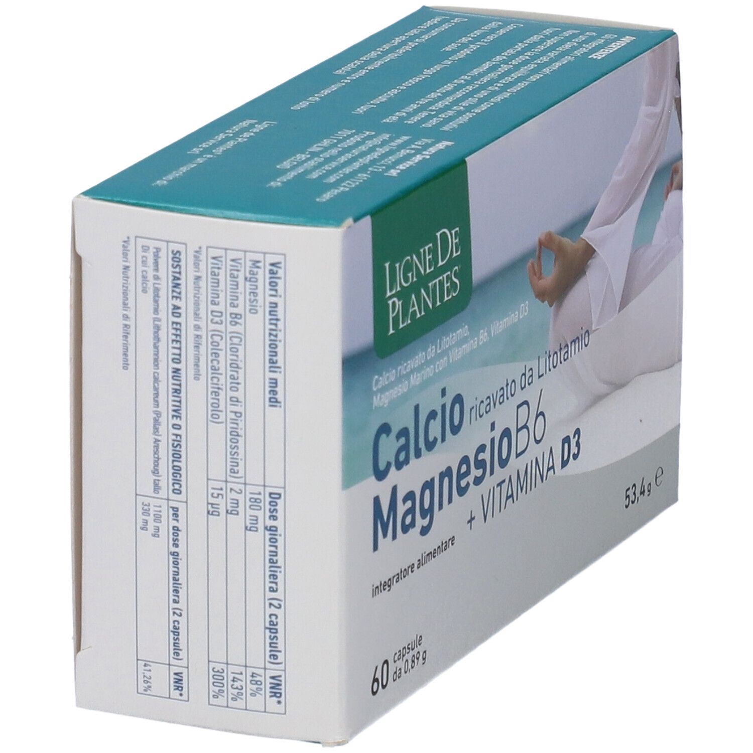 Confezione del prodotto. Scritta: Calcio Magnesio B6 + Vitamina D3. 60 capsule. Marchio: Ligne de Plantes. Informazioni nutrizionali.