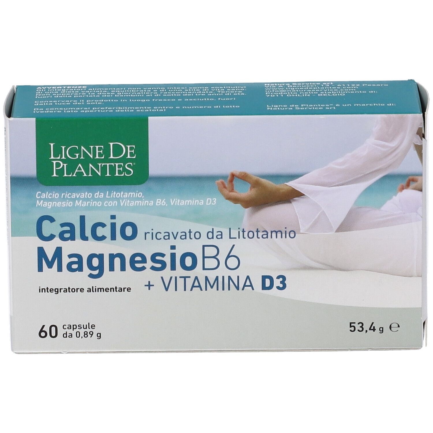 Confezione del prodotto. Scritta: Calcio Magnesio B6 + Vitamina D3. 60 capsule. Marchio: Ligne de Plantes.