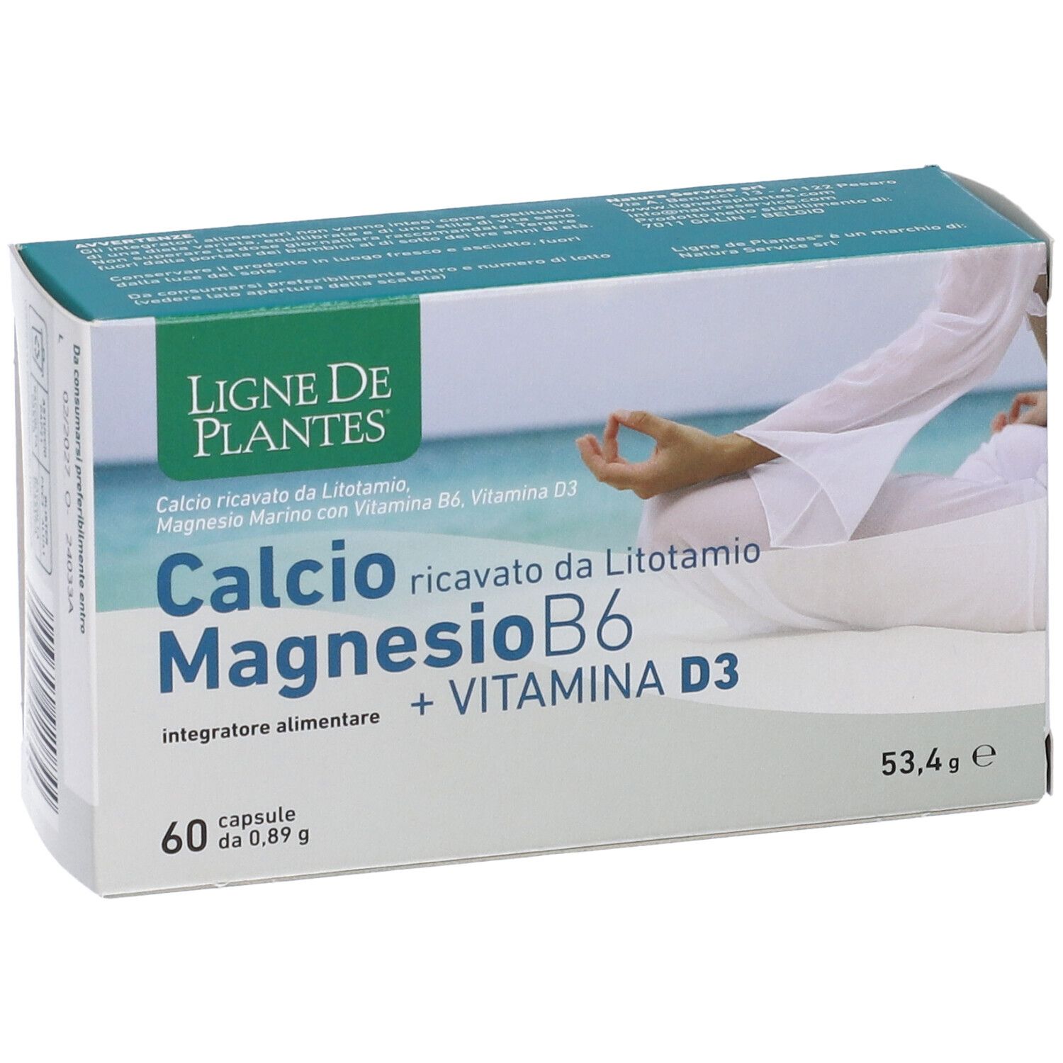Confezione del prodotto. Scritta: Calcio Magnesio B6 + Vitamina D3. 60 capsule. Marchio: Ligne de Plantes.