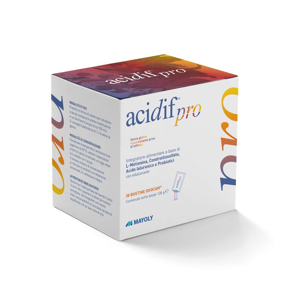 Scatola di Acidif® Pro. Scritto: 28 bustine, senza glutine, ingredienti. Logo MAYOLY.