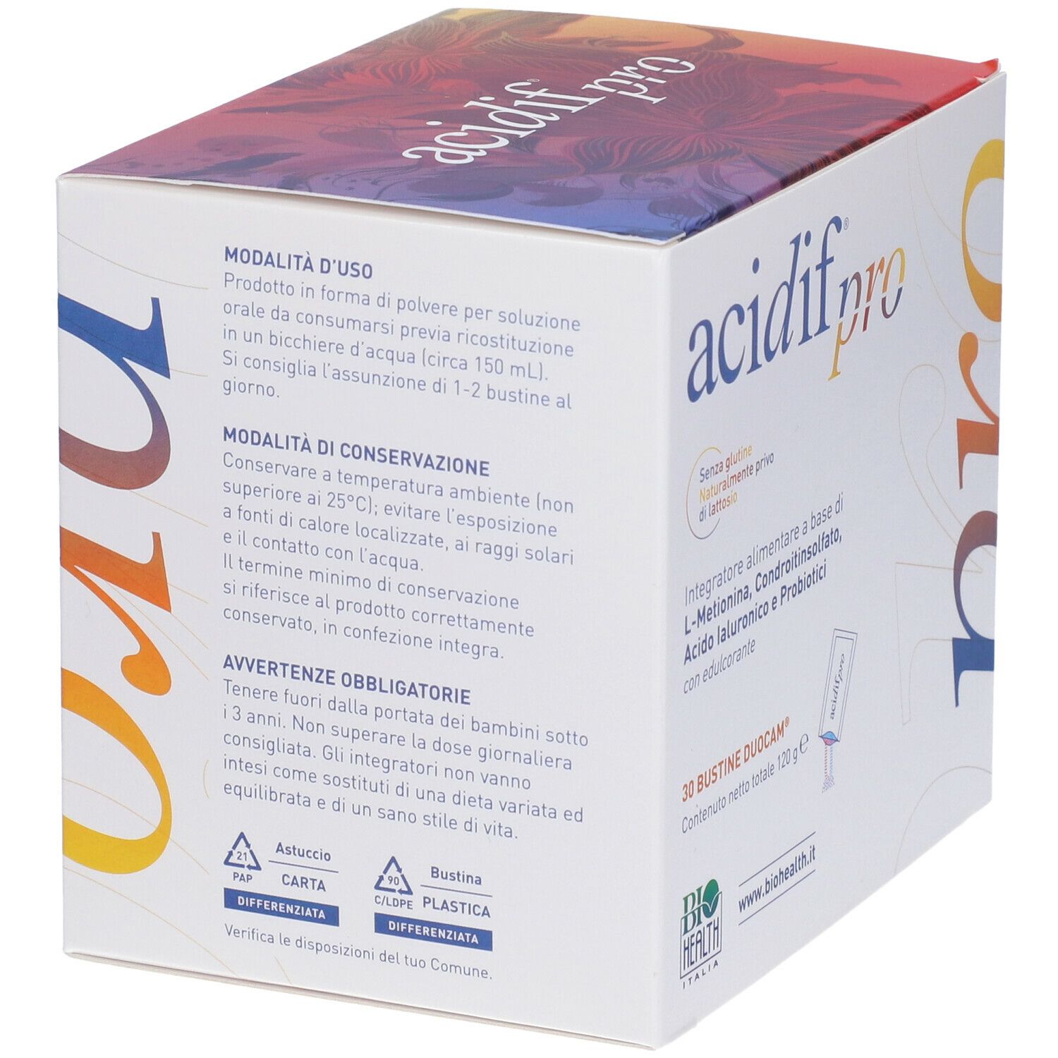 Retro della confezione Acidif® Pro. Istruzioni per l'uso, conservazione, avvertenze. Riciclaggio carta e plastica.