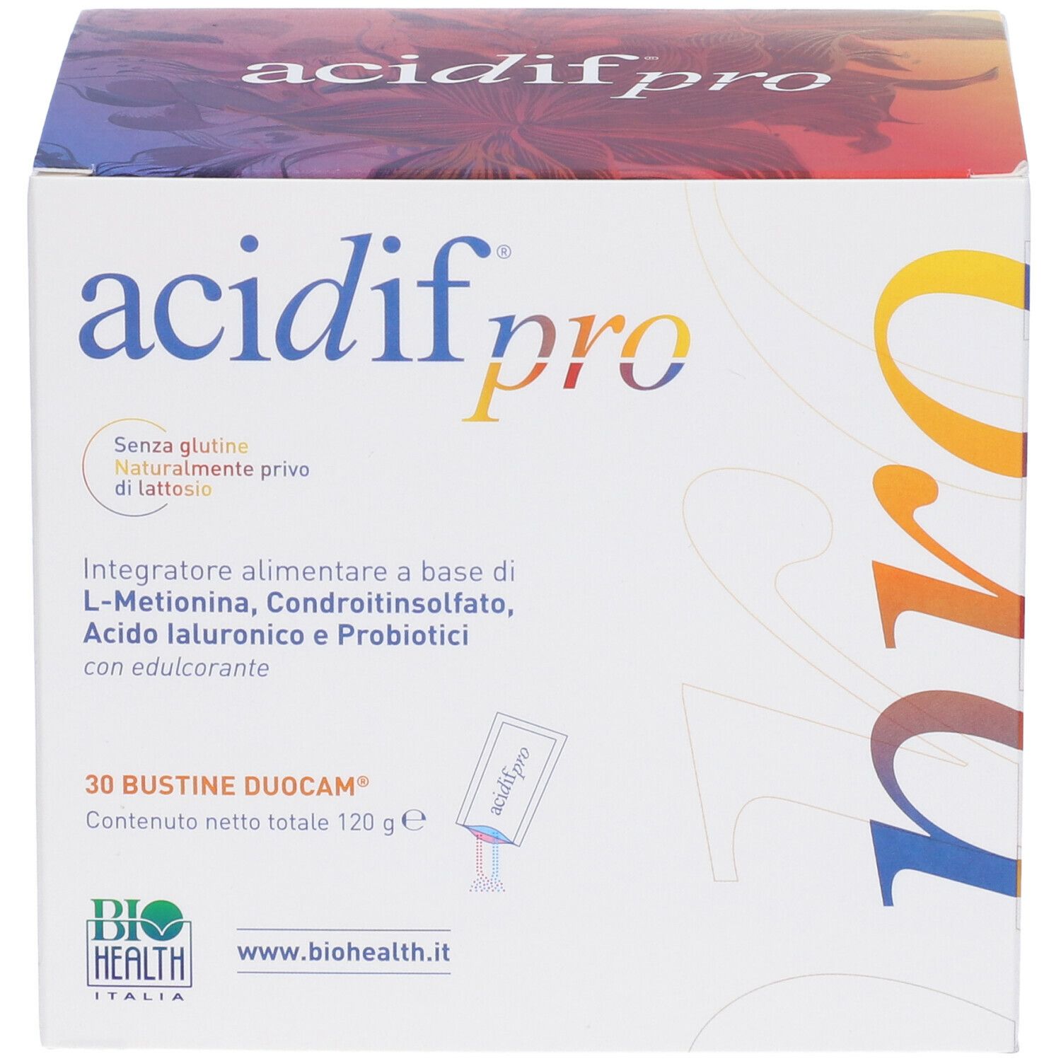 Confezione Acidif® Pro. 30 bustine DuoCam, senza glutine, senza lattosio. Logo BioHealth.