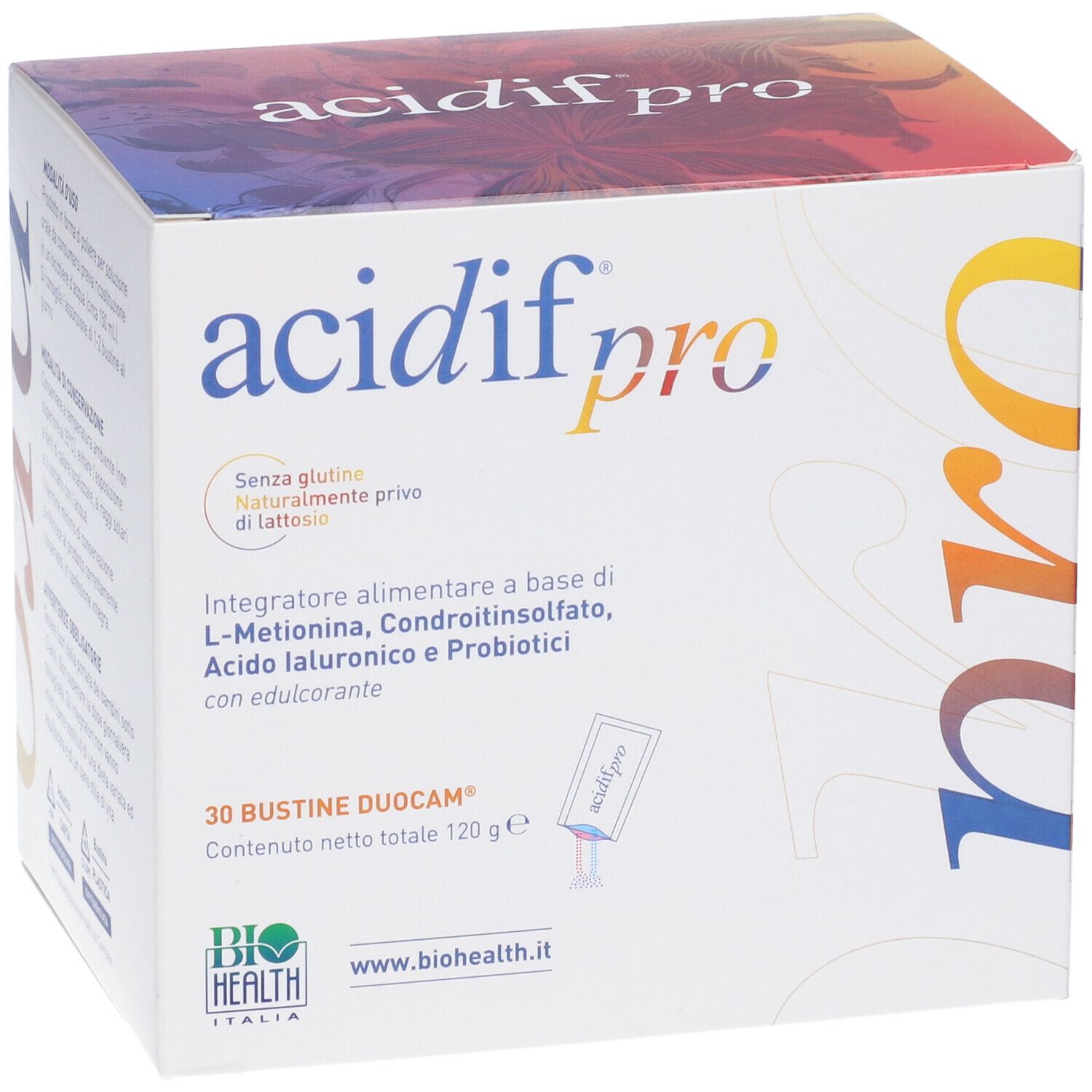 Confezione Acidif® Pro. 30 bustine DuoCam, senza glutine, senza lattosio. Logo BioHealth.