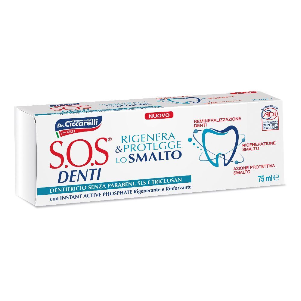 Scatola di dentifricio bianca con testo blu e rosso. Logo Dr. Ciccarelli e scritta SOS Denti. Contiene 75 ml.