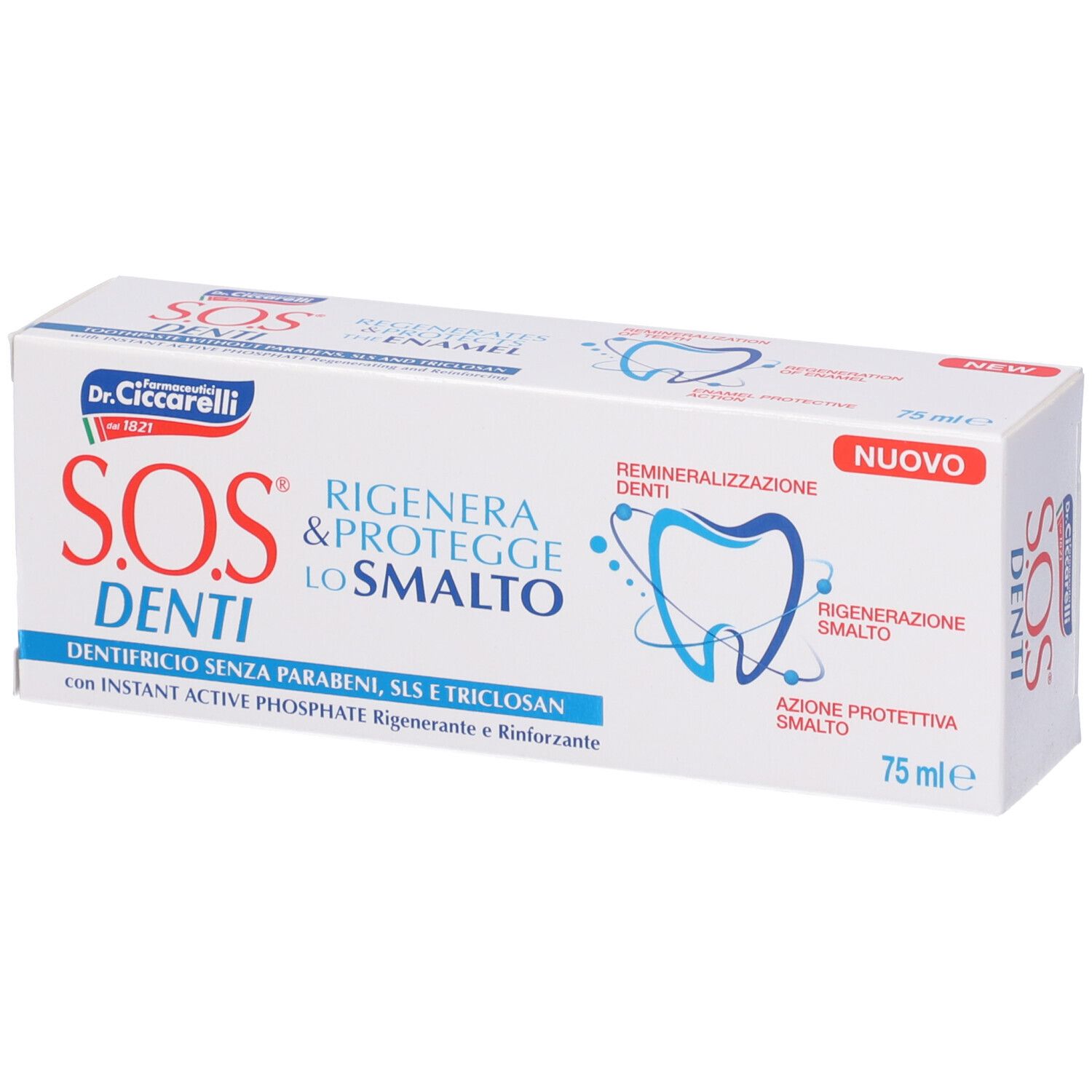 Scatola di dentifricio bianca con testo blu e rosso. Logo Dr. Ciccarelli e scritta SOS Denti. Contiene 75 ml.