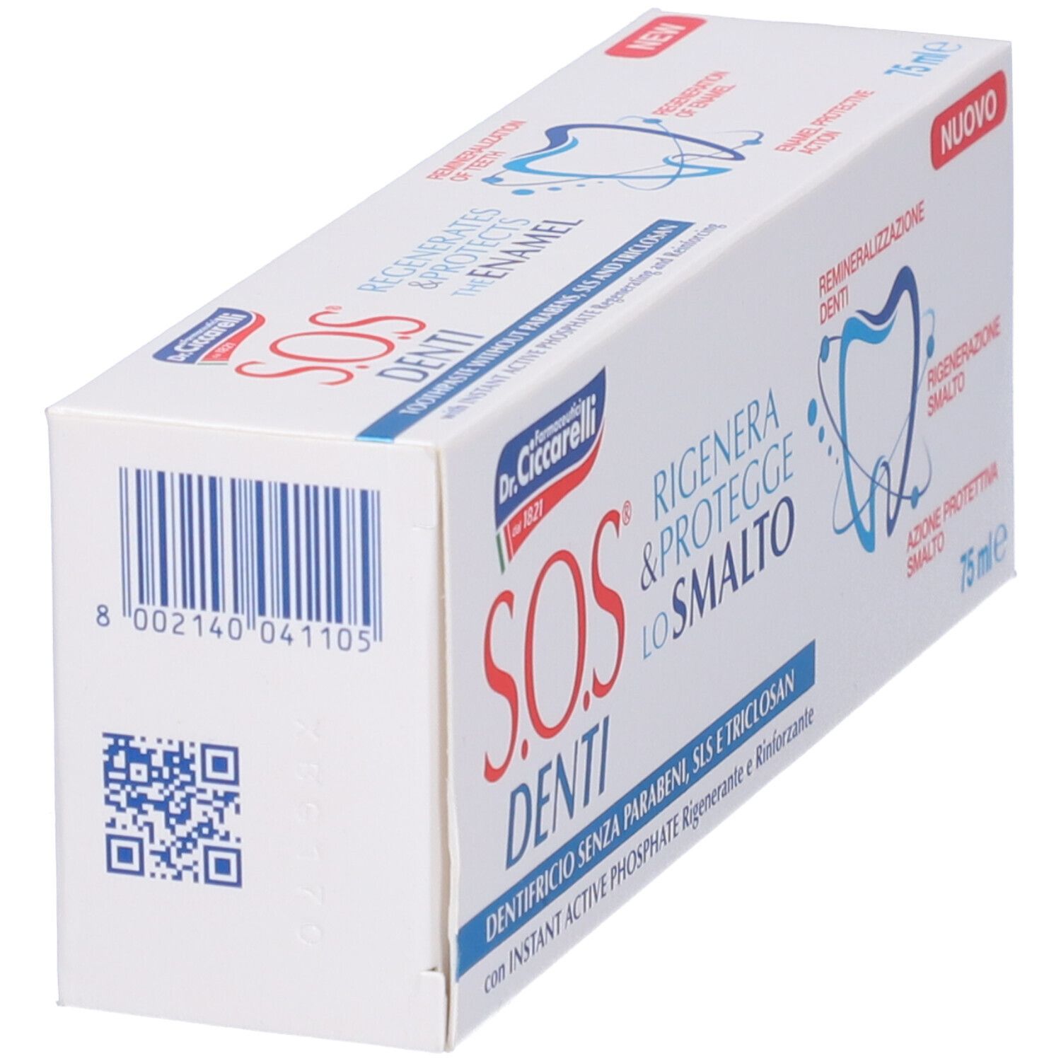 Scatola di dentifricio bianca con testo blu e rosso. Logo Dr. Ciccarelli e scritta SOS Denti. Contiene 75 ml.