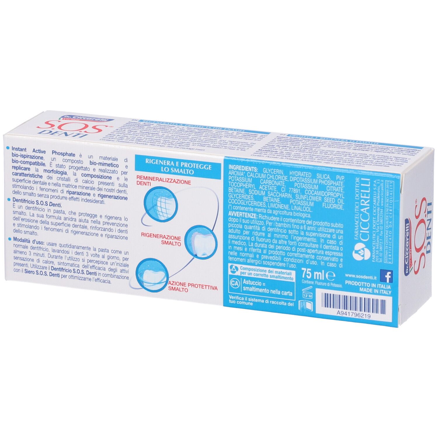 Scatola di dentifricio bianca con testo blu e rosso. Logo Dr. Ciccarelli e scritta SOS Denti. Contiene 75 ml.