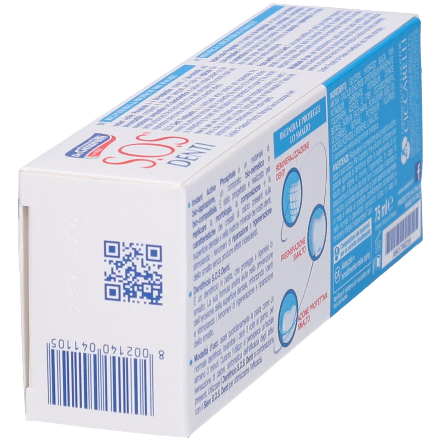 Scatola di dentifricio bianca con testo blu e rosso. Logo Dr. Ciccarelli e scritta SOS Denti. Contiene 75 ml.