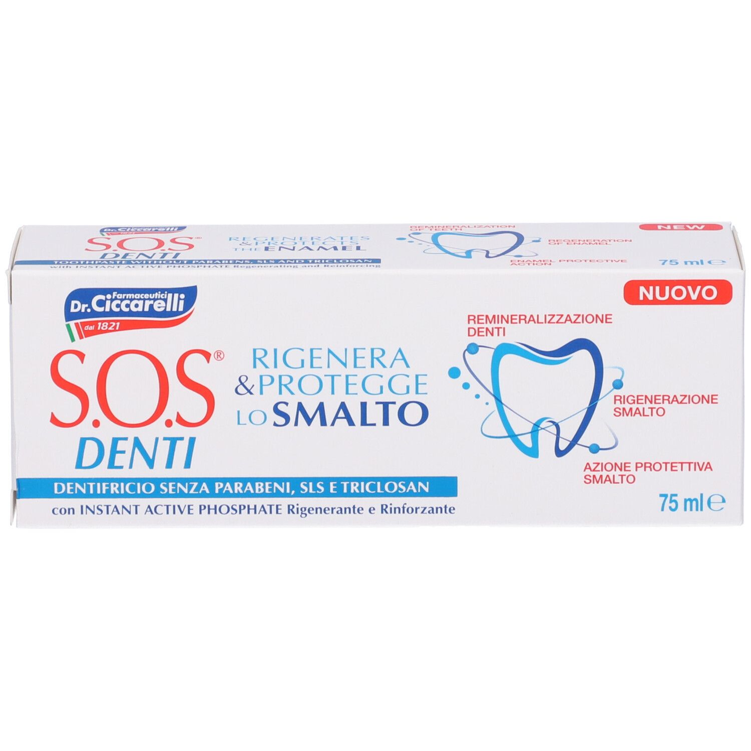 Scatola di dentifricio bianca con testo blu e rosso. Logo Dr. Ciccarelli e scritta SOS Denti. Contiene 75 ml.