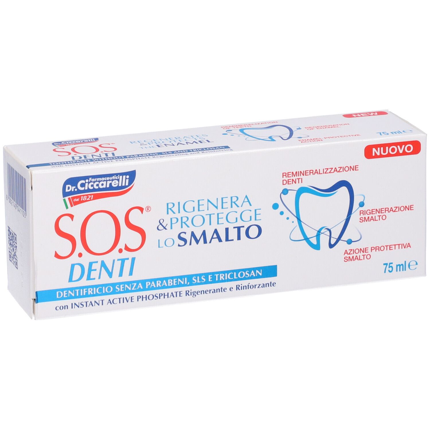 Scatola di dentifricio bianca con testo blu e rosso. Logo Dr. Ciccarelli e scritta SOS Denti. Contiene 75 ml.