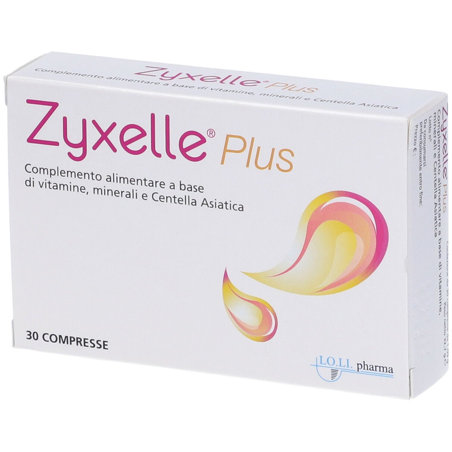Scatola bianca "Zyxelle Plus". Contiene 30 compresse. Scritto: Integratore alimentare a base di vitamine, minerali e Centella Asiatica.