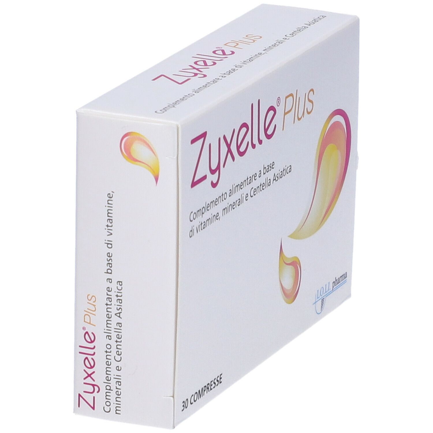 Scatola bianca "Zyxelle Plus" in prospettiva. Testo: Integratore alimentare a base di vitamine, minerali e Centella Asiatica. 30 compresse.