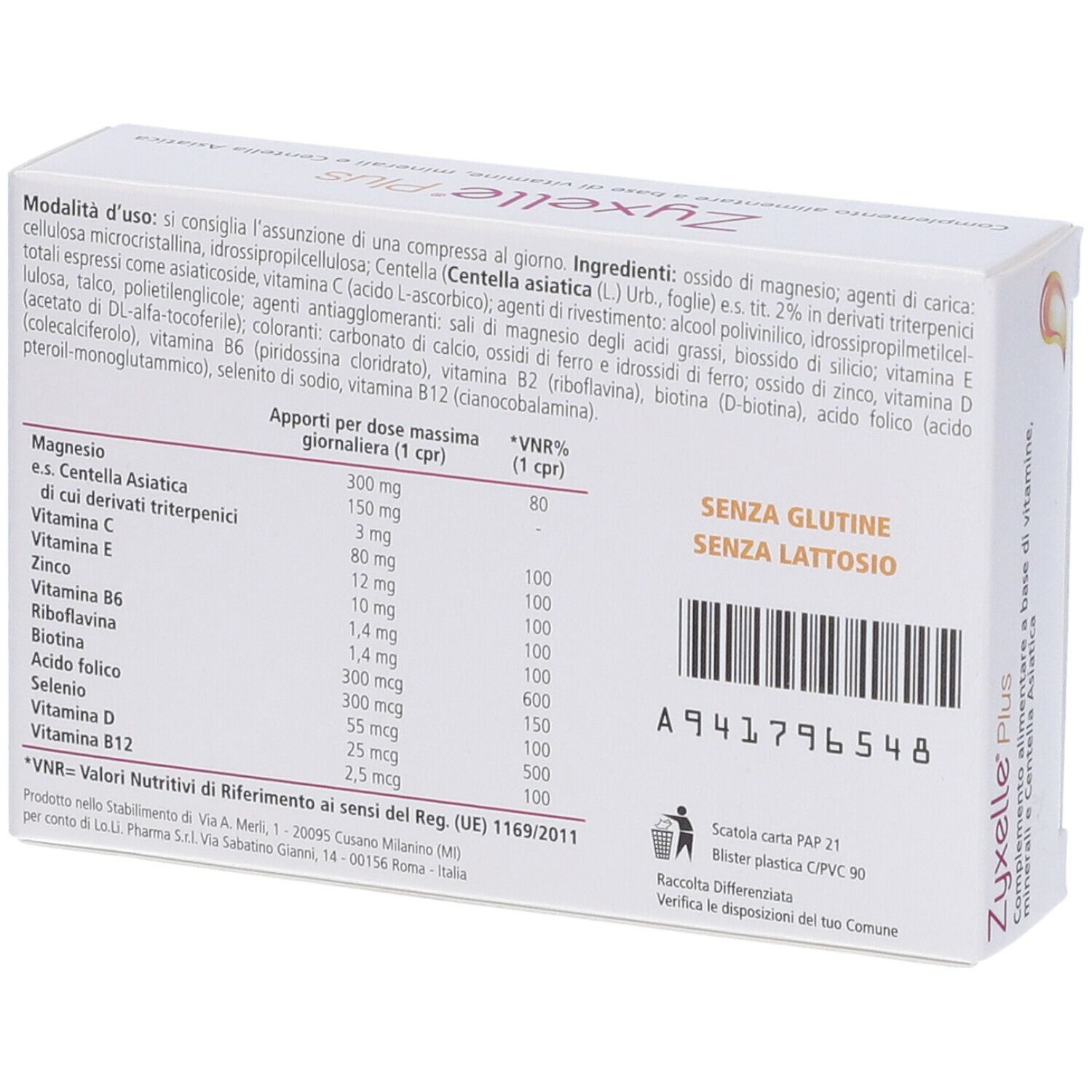 Retro della confezione "Zyxelle Plus". Contiene informazioni su ingredienti, valori nutrizionali e certificazioni. Senza glutine e senza lattosio.