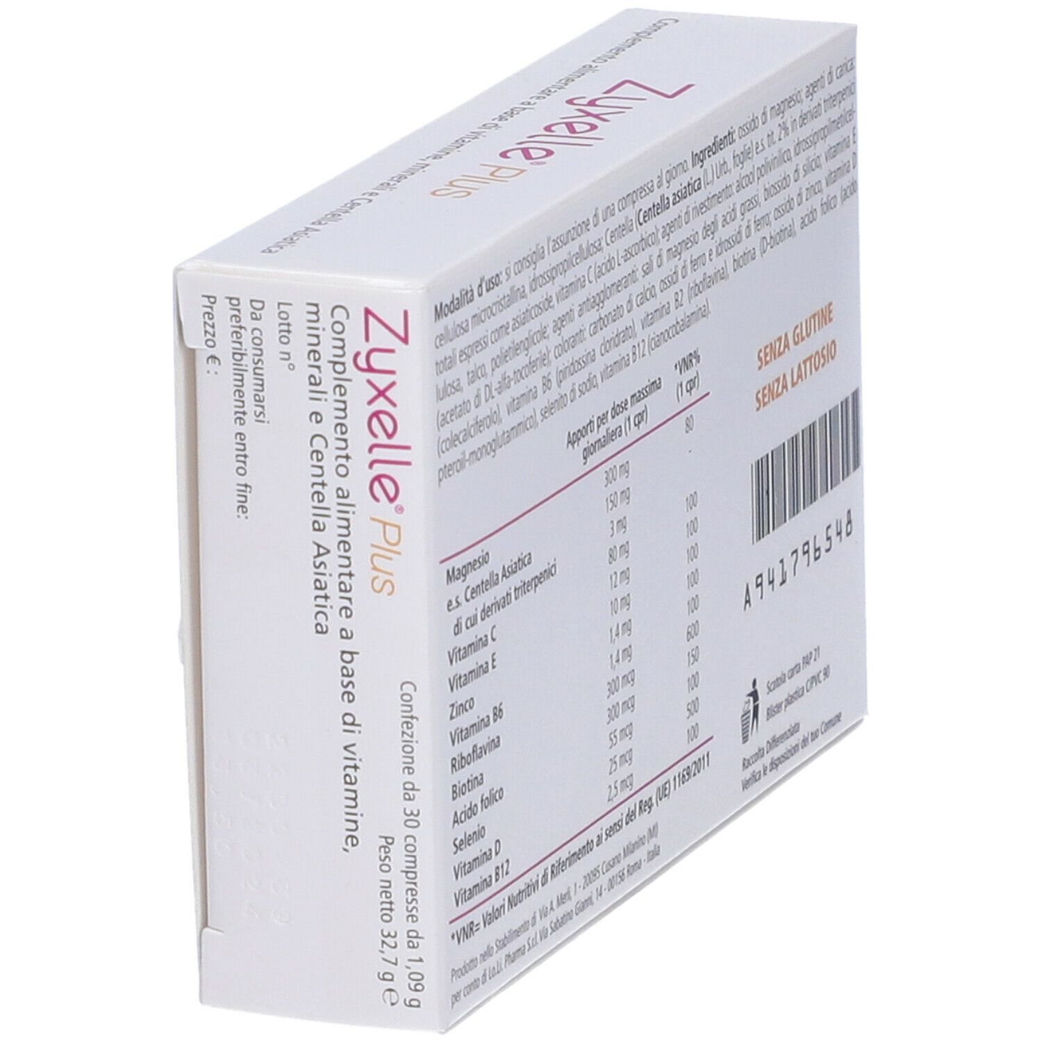 Vista obliqua della confezione "Zyxelle Plus". Contiene informazioni su ingredienti e valori nutrizionali. Senza glutine e senza lattosio.