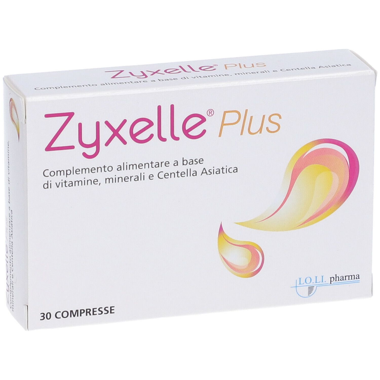 Scatola bianca "Zyxelle Plus". Contiene 30 compresse. Scritto: Integratore alimentare a base di vitamine, minerali e Centella Asiatica.