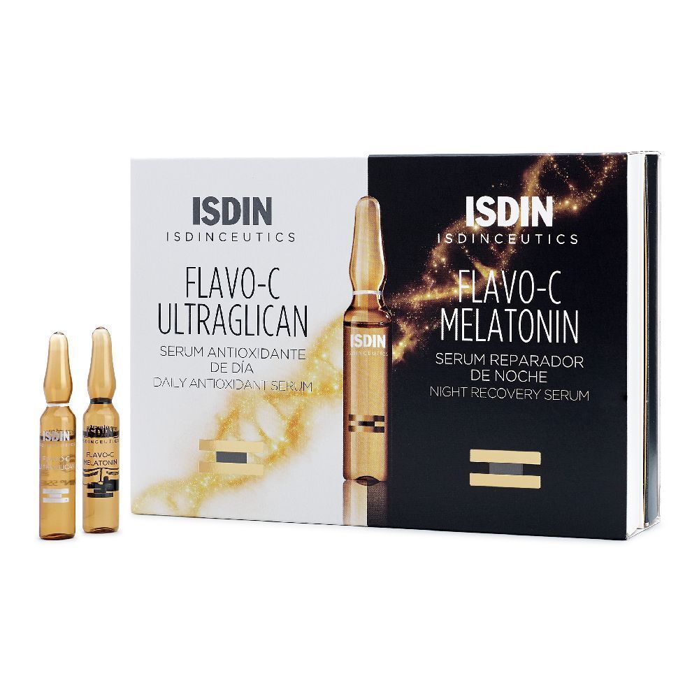 Confezione di due sieri. ISDIN Isdinceutics Flavo-C Ultraglican e Melatonina. Fiale e confezione visibili.