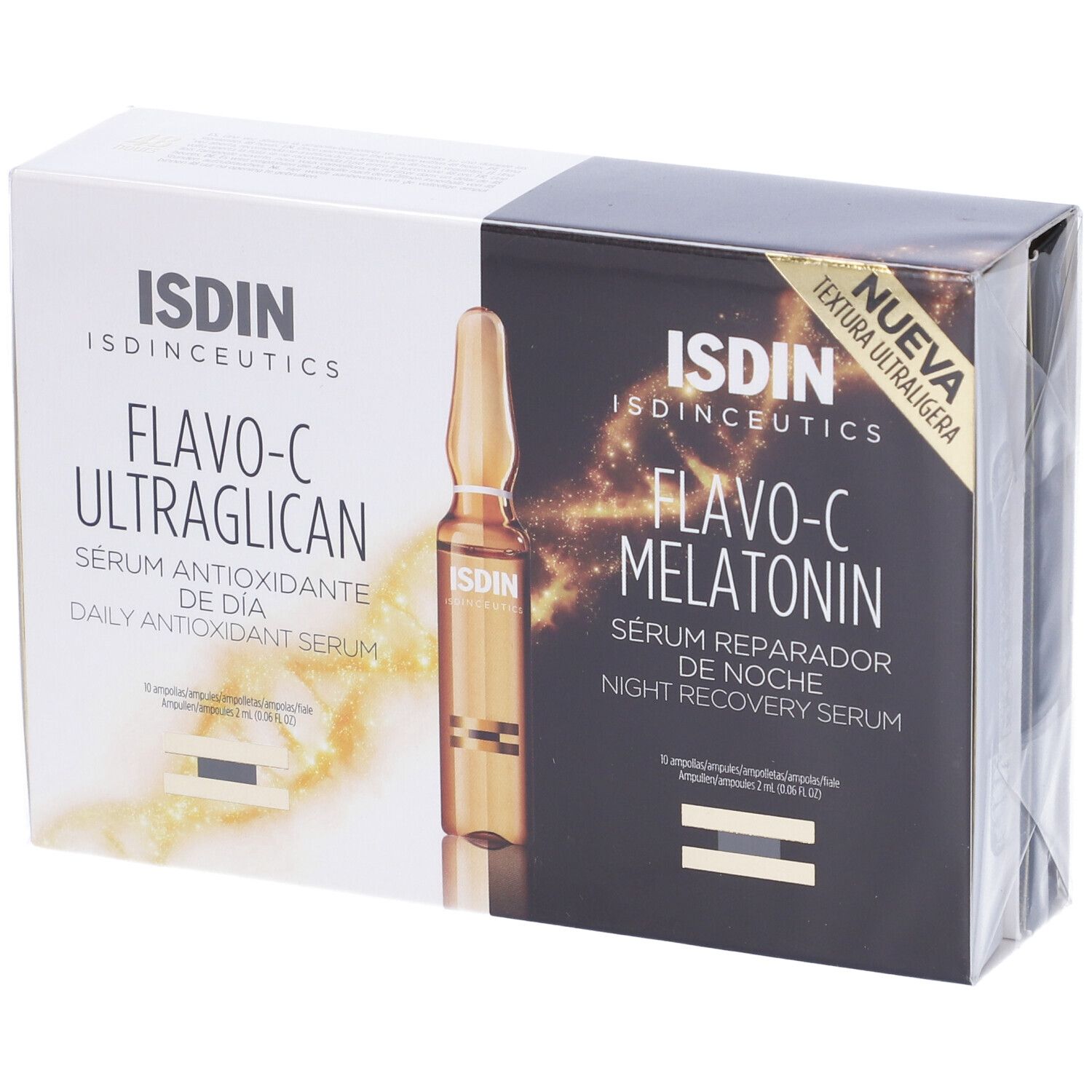 Confezione di due sieri. ISDIN Isdinceutics Flavo-C Ultraglican e Melatonina. Confezione in plastica.