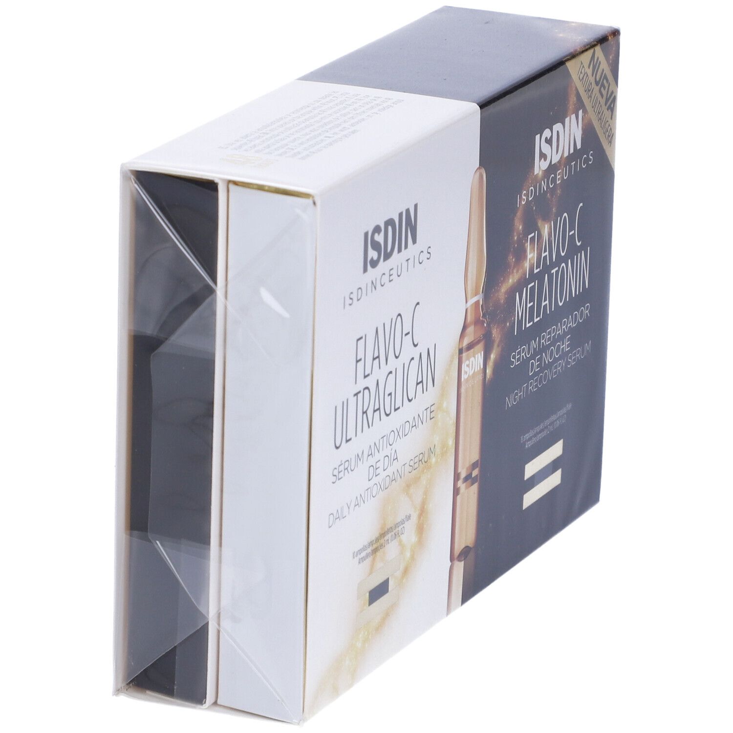 Confezione di due sieri. ISDIN Isdinceutics Flavo-C Ultraglican e Melatonina. Vista laterale.