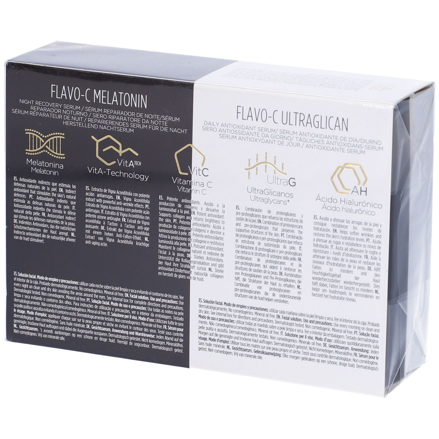 Retro della confezione di due sieri. ISDIN Isdinceutics Flavo-C Ultraglican e Melatonina. Testo.