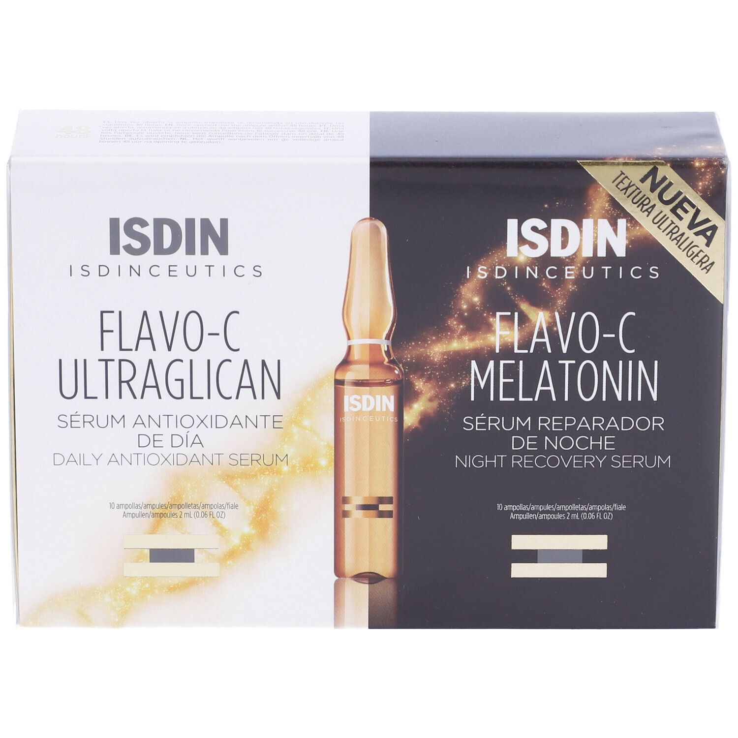 Confezione di due sieri. ISDIN Isdinceutics Flavo-C Ultraglican e Melatonina. Confezione.