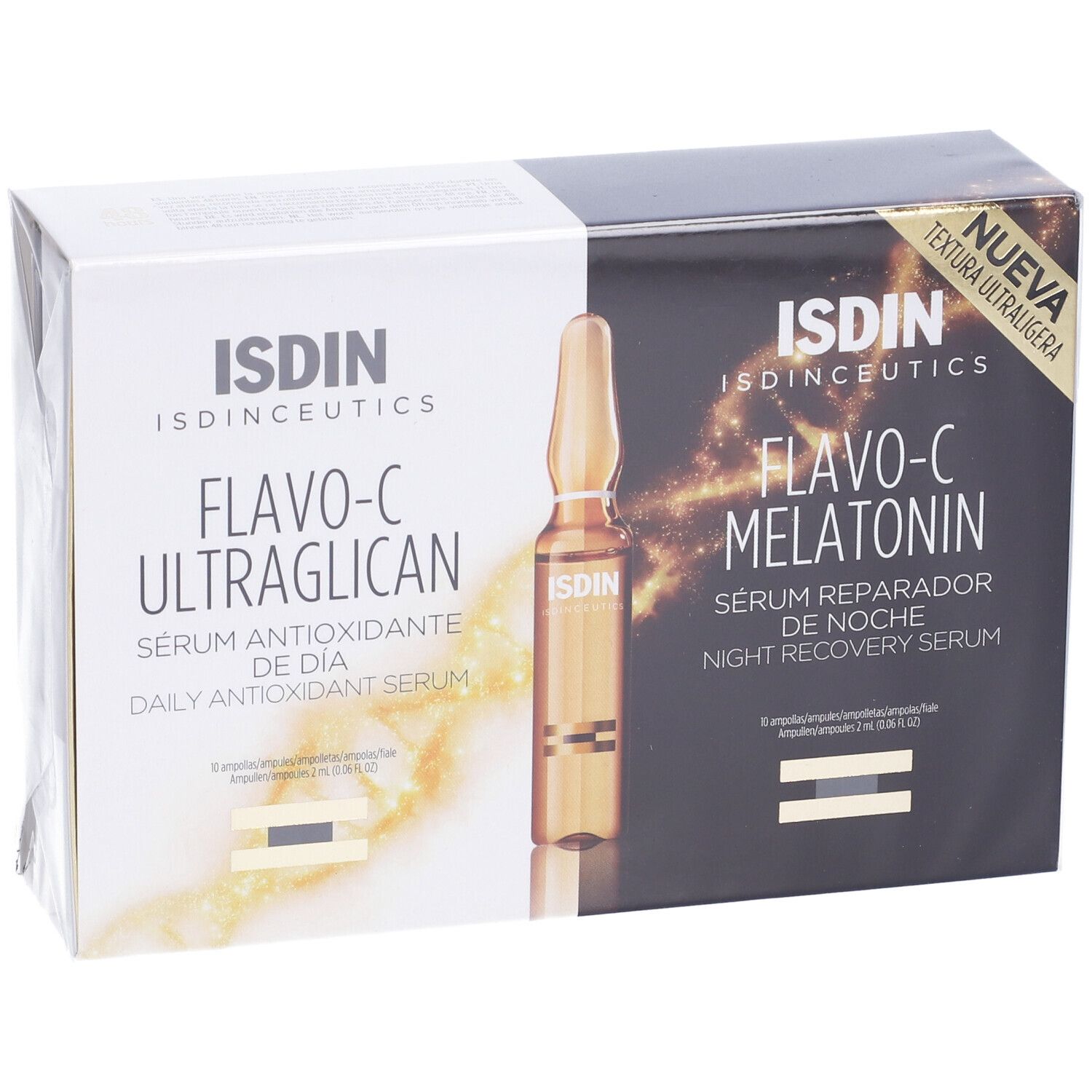 Confezione di due sieri. ISDIN Isdinceutics Flavo-C Ultraglican e Melatonina. Confezione.