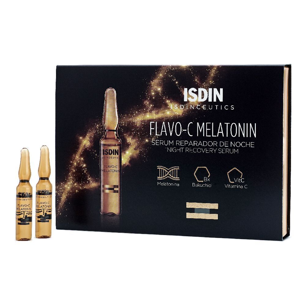 Confezione con tre fiale e una scatola. La scatola riporta "Flavo-C Melatonin" e "Night Recovery Serum".