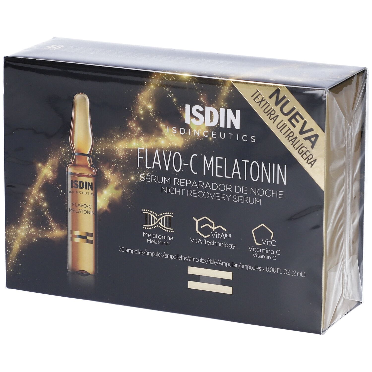 Confezione con prodotto. Sulla confezione è scritto "Flavo-C Melatonin" e "Night Recovery Serum".