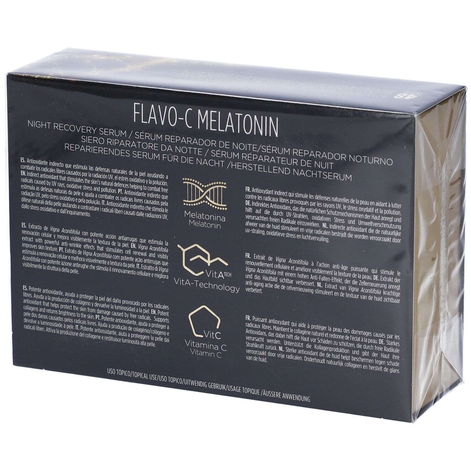 Scatola con prodotto, confezionata in pellicola. Sulla scatola è scritto "Flavo-C Melatonin" e "Night Recovery Serum".