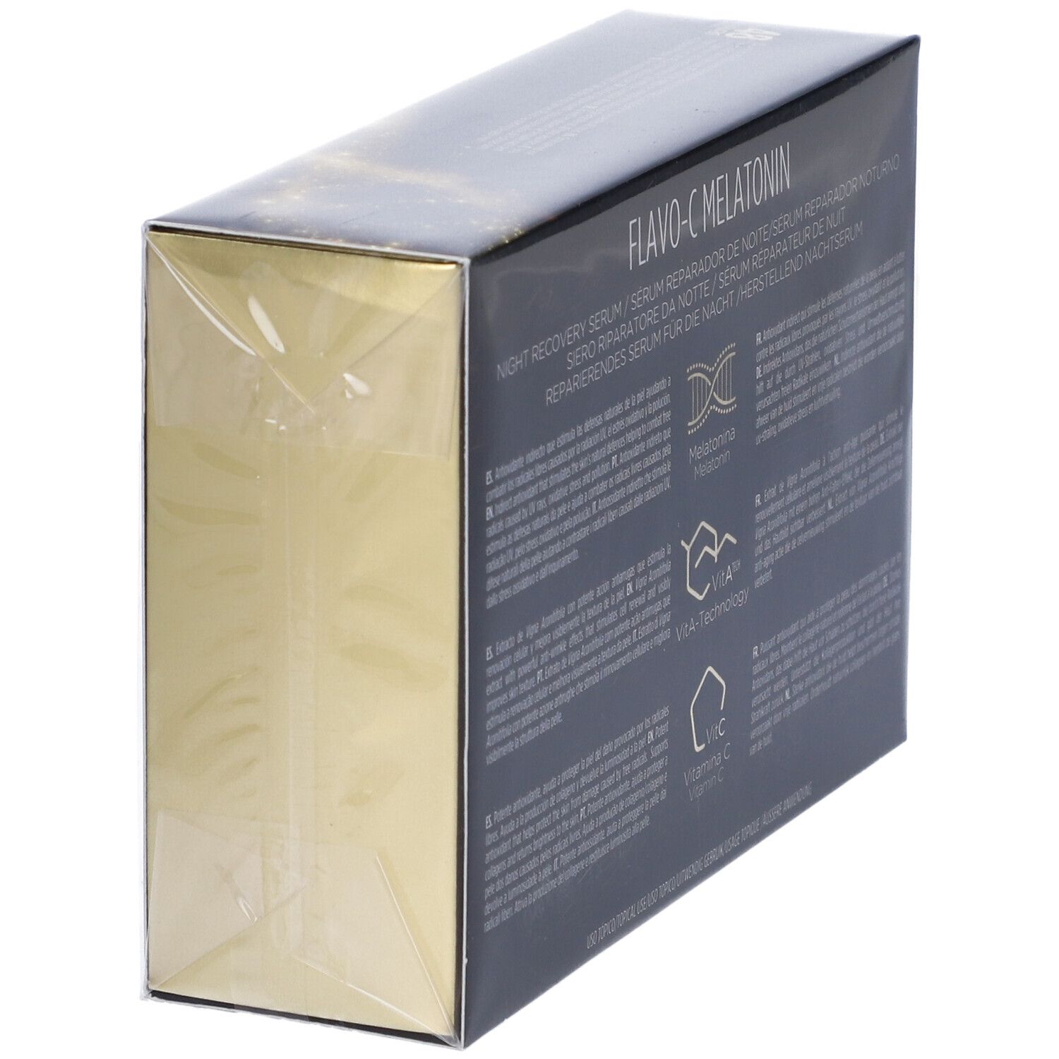 Scatola con prodotto, confezionata in pellicola. Sulla scatola è scritto "Flavo-C Melatonin" e "Night Recovery Serum".