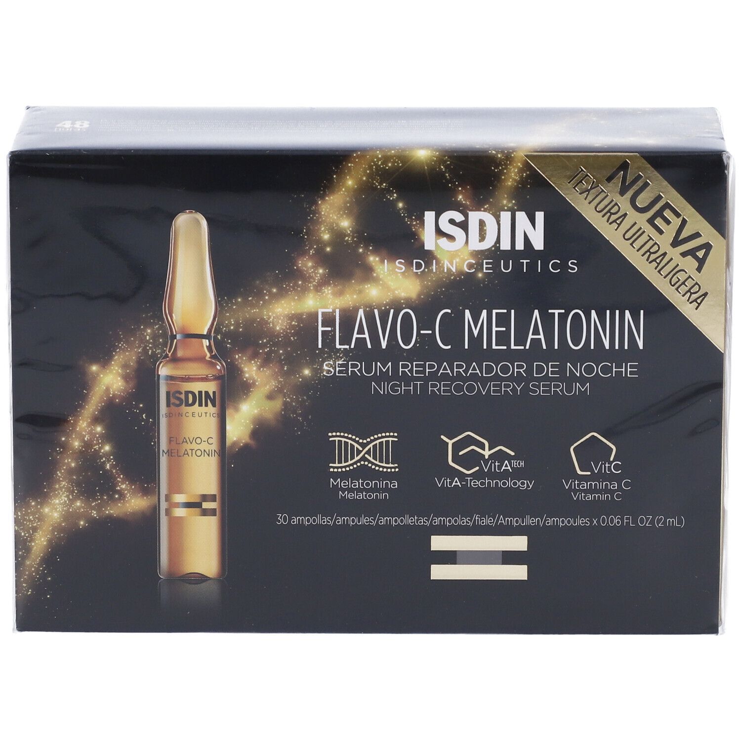 Confezione con prodotto. Sulla confezione è scritto "Flavo-C Melatonin" e "Night Recovery Serum".