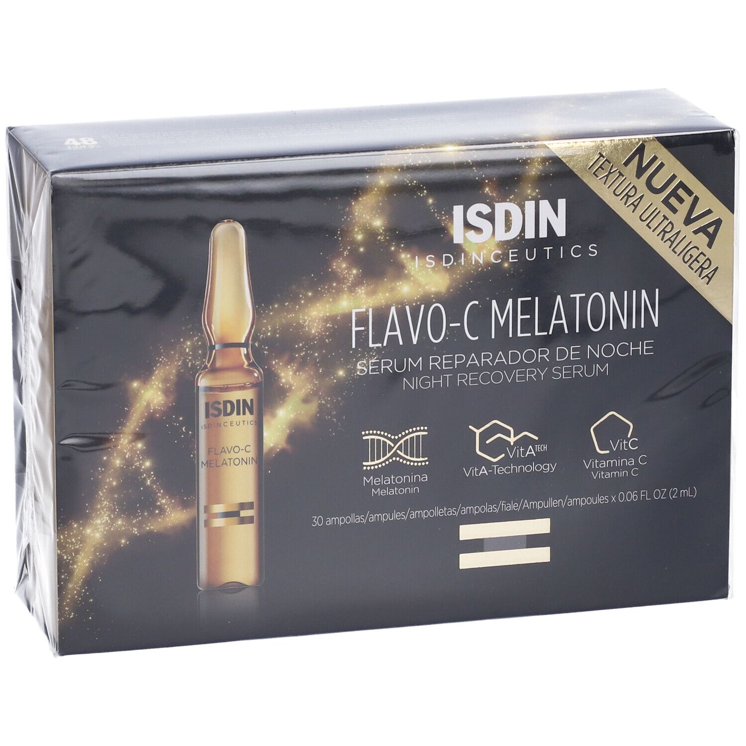 Confezione con prodotto. Sulla confezione è scritto "Flavo-C Melatonin" e "Night Recovery Serum".