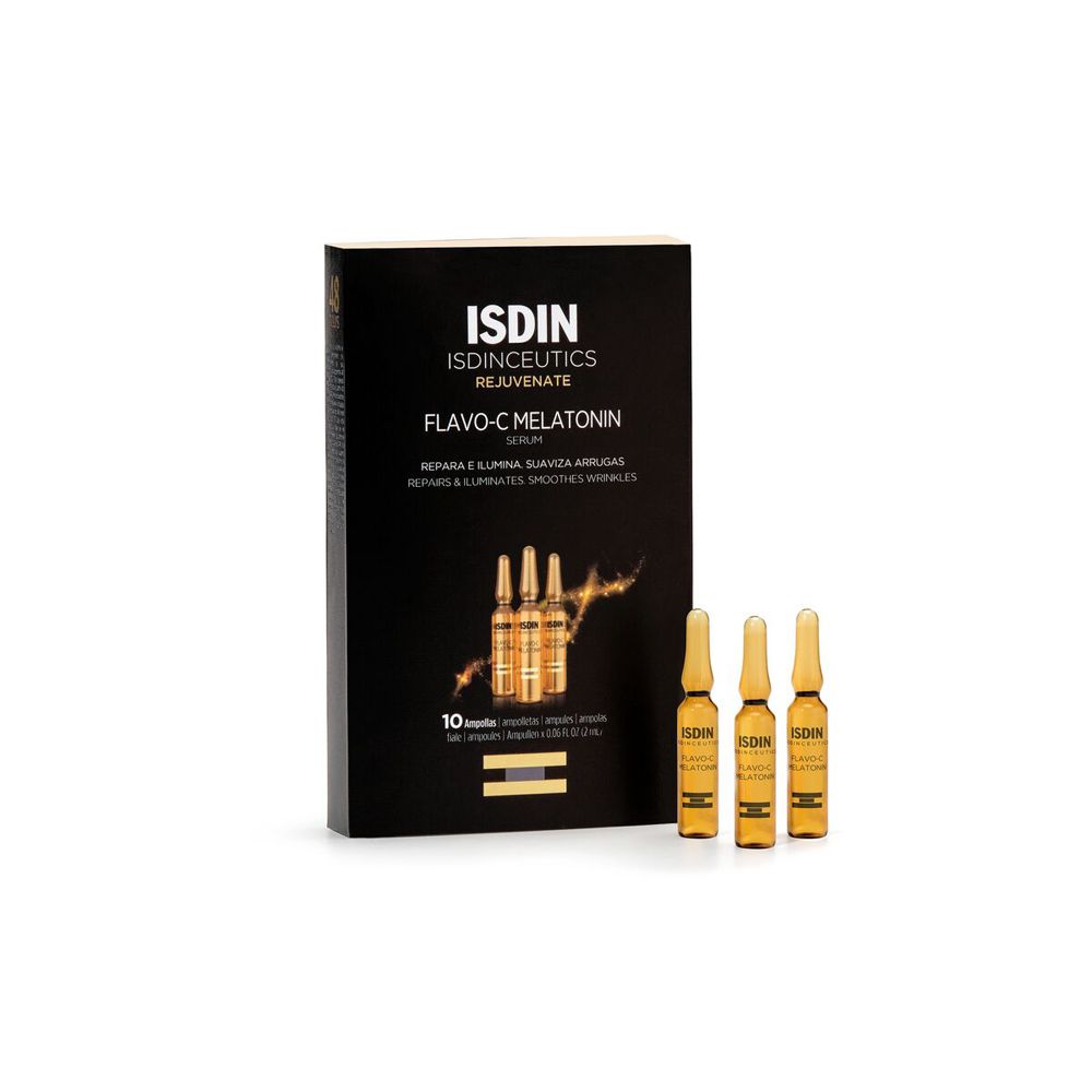 Confezione nera con fiale di prodotto. Scritta: ISDIN, Flavo-C Melatonin Serum. 10 fiale.