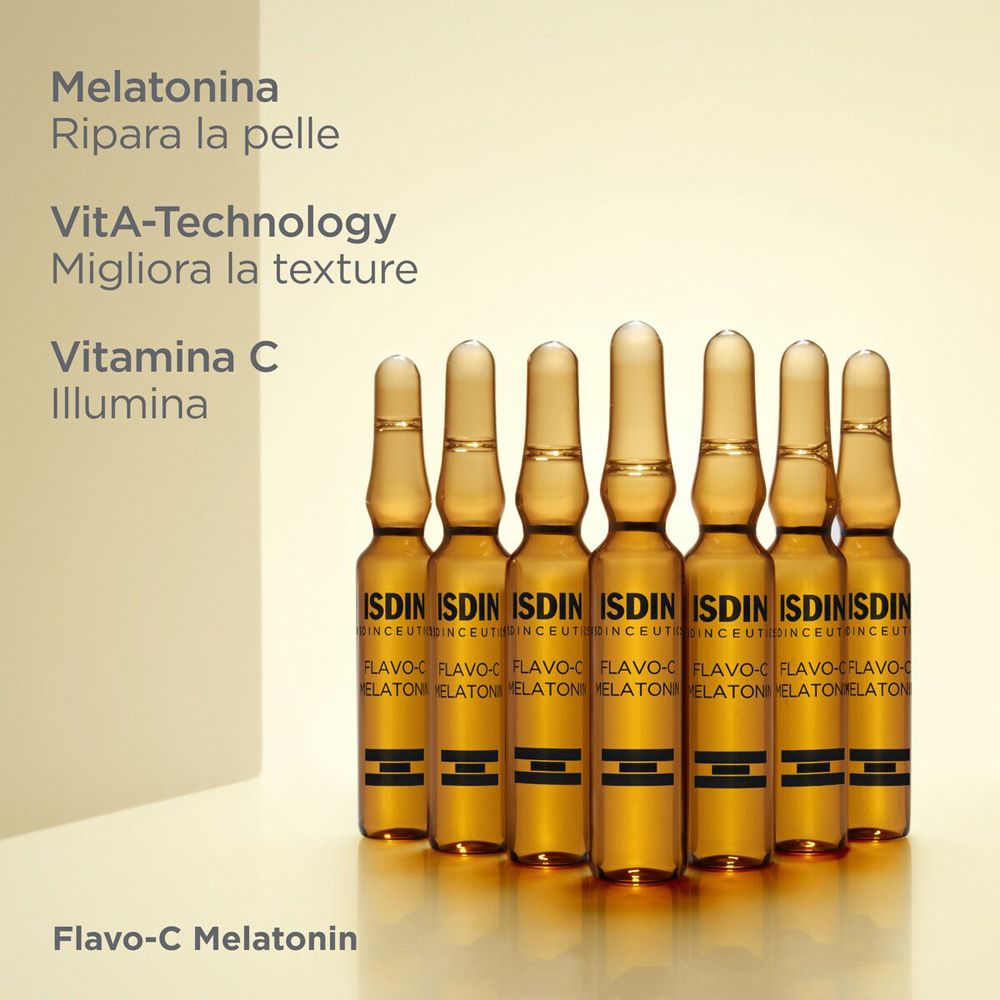 Sette fiale ambrate. Scritta: ISDIN, Flavo-C Melatonin. Testo: Melatonina, ripara la pelle.